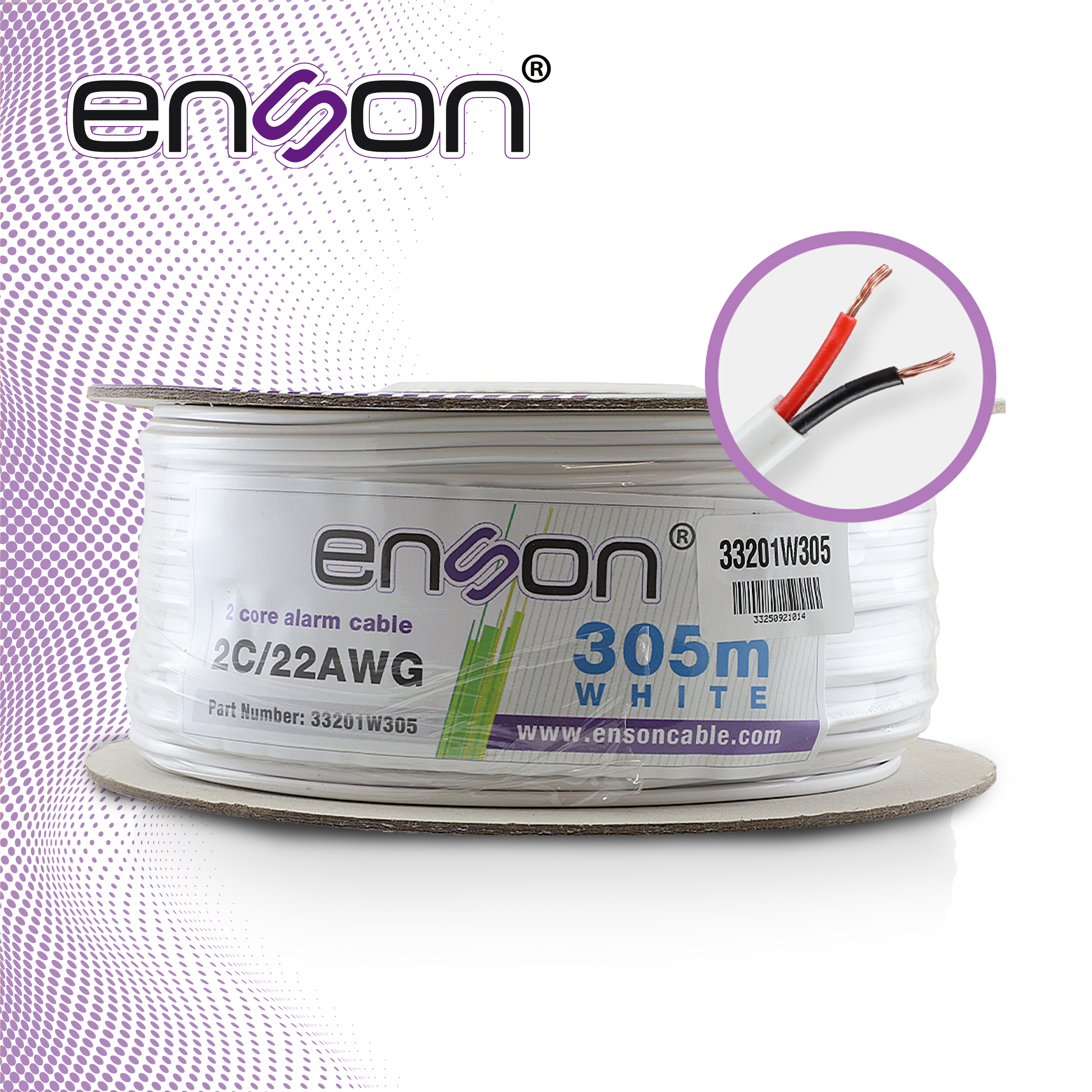 CABLE DE ALARMA ENSON 33201W305 SERIE PRO-II MULTIFILAR  2C/22 AWG BOBINA DE 305 METROS FORRO PVC COLOR BLANCO PARA USO INTERIOR DISEÑADO PARA CONEXIONES DE SISTEMAS DE ALARMA