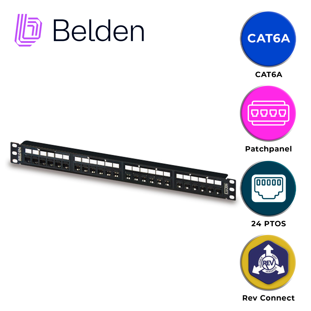 PATCH PANEL REVCONNECT CAT6A BELDEN RVAPPF1U24BK / NEGRO / 24 PUERTOS / 1UR / PRECARGADO / PIEZA