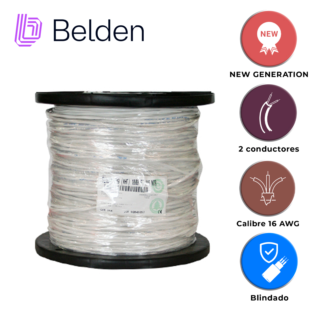 CABLE DE AUDIO COMERCIAL Y SEGURIDAD BELDEN 5200FE 0091000 / INTERIOR / BLANCO / 2 CONDUCTORES / 16 AWG / MULTIFILAR / FORRO PVC / CMR / BLINDADO / BOBINA / 1,000 PIES 305 METROS