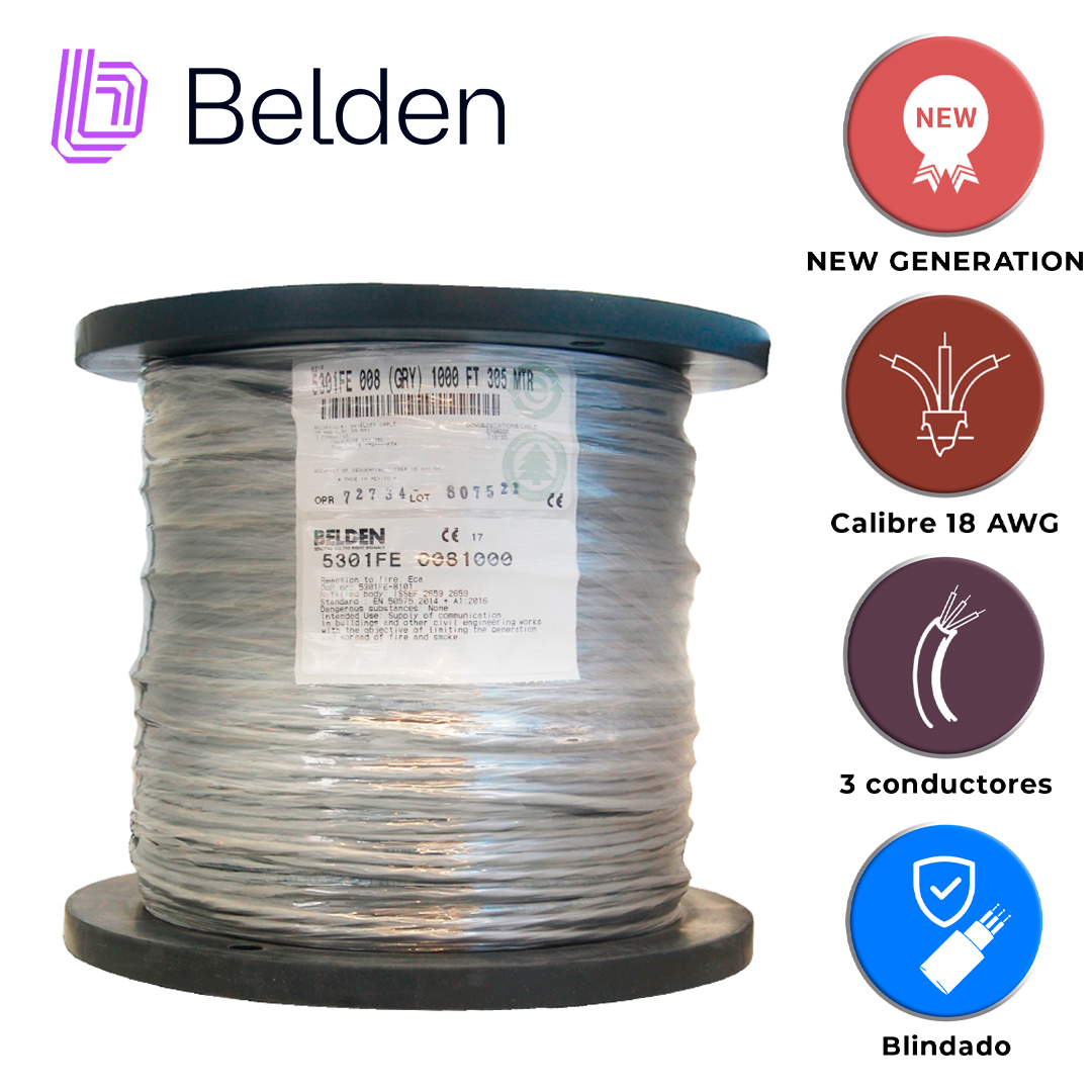CABLE DE SEGURIDAD Y SONIDO BELDEN 5301FE 0081000 / INTERIOR / GRIS / 3 CONDUCTORES / 18 AWG / MULTIFILAR / FORRO PVC / CMR / BLINDADO / BOBINA / 1,000 PIES 305 METROS