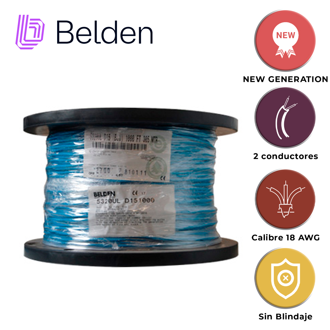 CABLE DE ALARMA CONTRA INCENDIOS BELDEN 5320UL D151000 / INTERIOR / AZUL / 2 CONDUCTORES / 18 AWG / SOLIDO / FORRO PVC / CMR - FPLR / BOBINA / 1,000 PIES 305 METROS