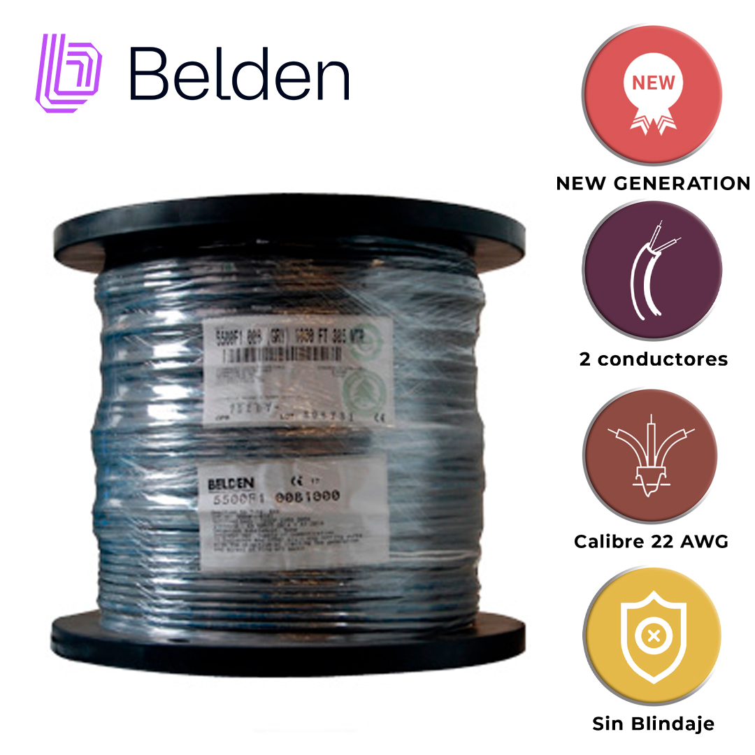 Cable De Seguridad Y Sonido Belden 5500F1 0081000 / Entorno Ruidoso Y Humedo / Gris / 2 Conductores / 22 Awg / Multifilar / Forro Pvc / Cm / Blindado / Bobina / 1,000 Pies 305 Metros