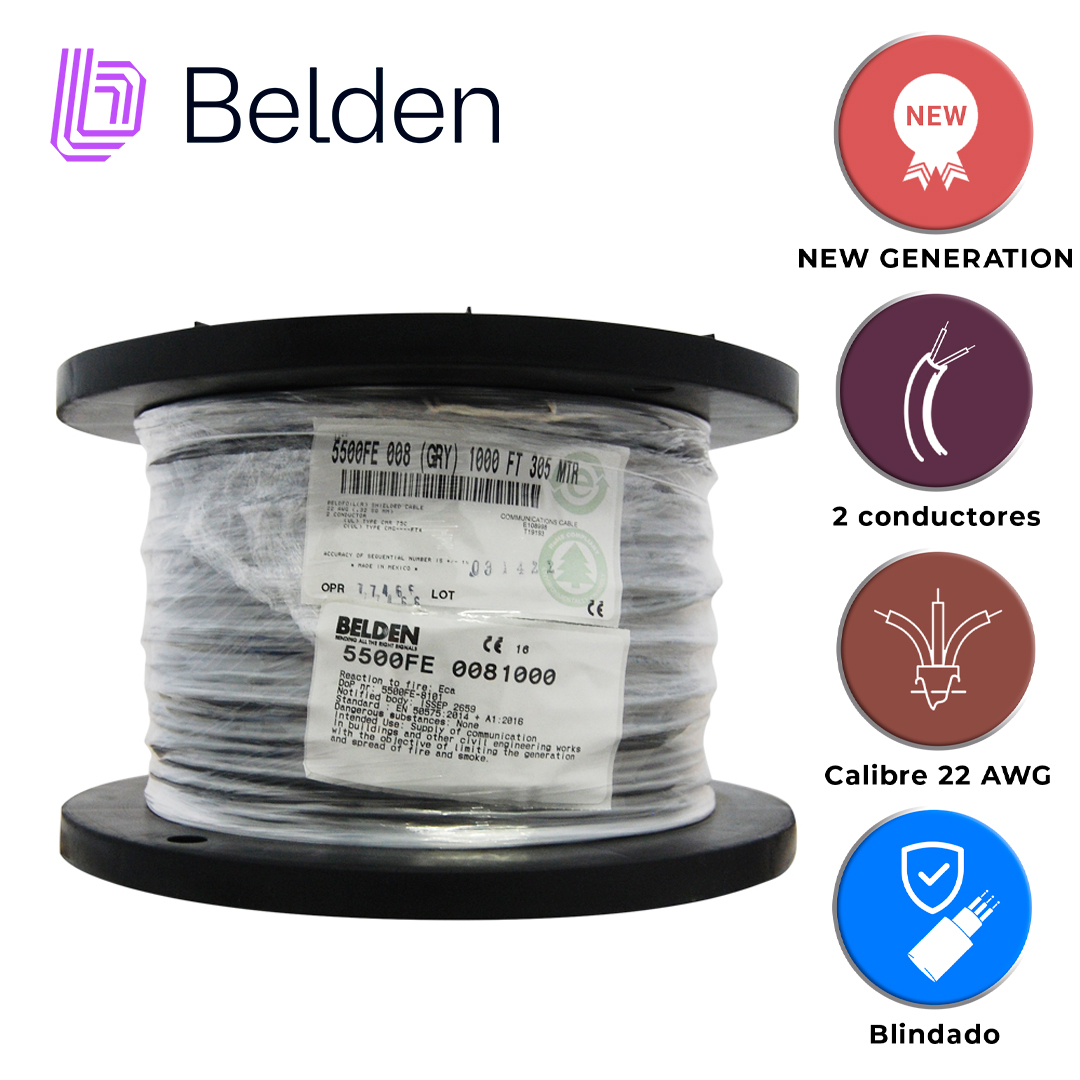 CABLE DE SEGURIDAD Y SONIDO BELDEN 5500FE 0081000 / INTERIOR / GRIS / 2 CONDUCTORES / 22 AWG / MULTIFILAR / FORRO PVC / CMR / BLINDADO / BOBINA / 1,000 PIES 305 METROS
