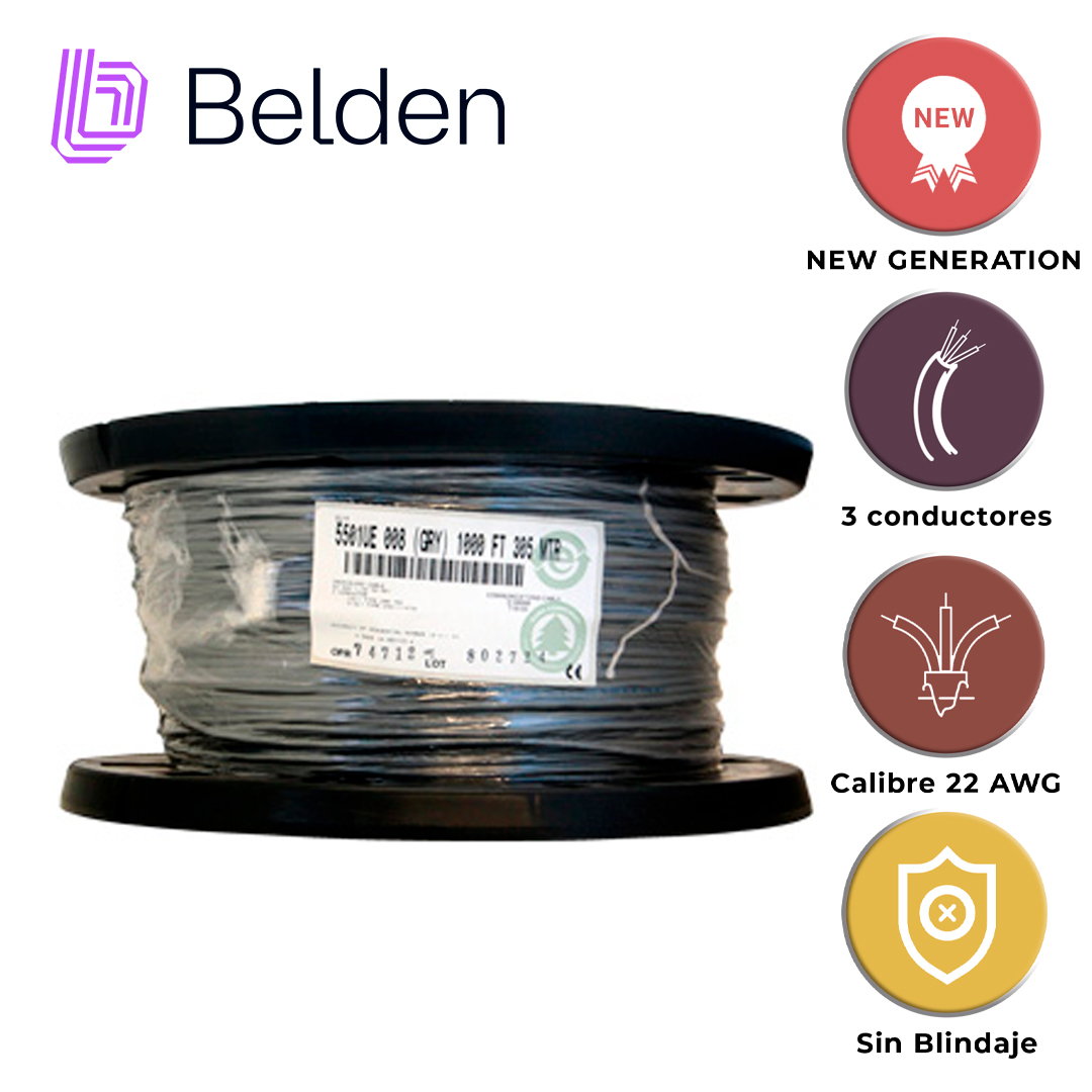 Cable De Audio Comercial Y Seguridad Belden 5501UE 0081000 / Interior / Gris / 3 Conductores / 22 Awg / Multifilar / Forro Pvc / Cmr / Bobina / 1,000 Pies 305 Metros