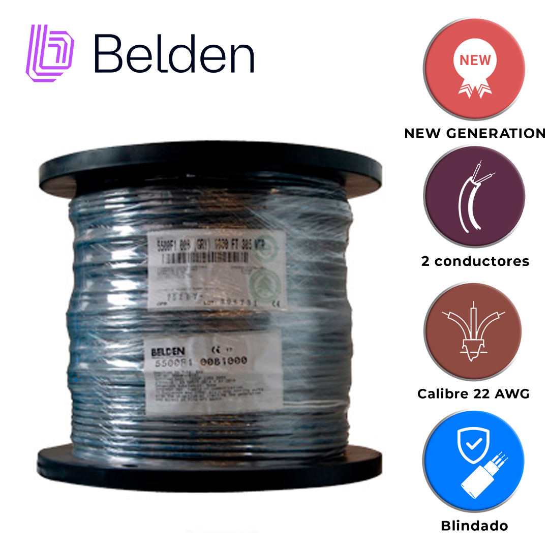CABLE DE SEGURIDAD Y SONIDO BELDEN 5500F1 0081000 / ENTORNO RUIDOSO Y HUMEDO / GRIS / 2 CONDUCTORES / 22 AWG / MULTIFILAR / FORRO PVC / CM / BLINDADO / BOBINA / 1,000 PIES 305 METROS