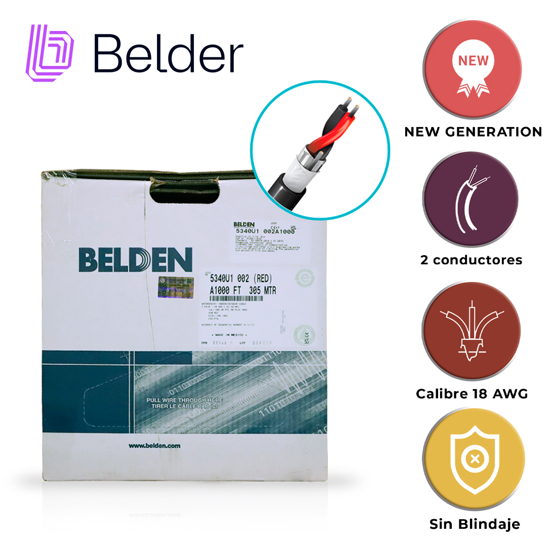 CABLE DE SEGURIDAD Y SONIDO BELDEN 5340U1 002A1000 / INTERIOR/EXTERIOR / ROJO / 2 CONDUCTORES / 18 AWG / MULTIFILAR / FORRO PVC / CMR - CMG - FPL - PLTC / BLOQUEO DE AGUA / BOBINA EN CAJA / 1,000 PIES 305 METROS