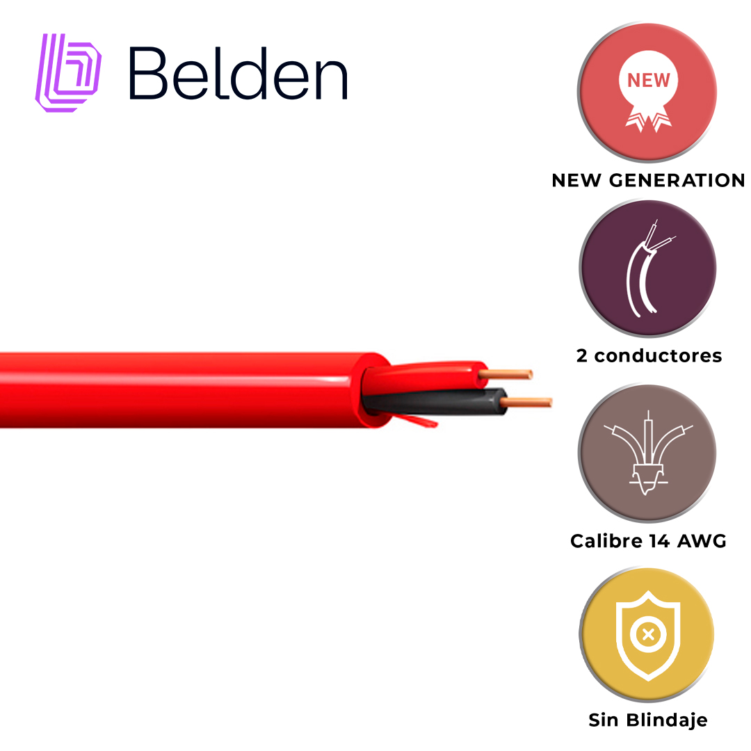 CABLE DE ALAMA CONTRA INCENDIOS BELDEN 5120UL 0021000 / INTERIOR / ROJO / 2 CONDUCTORES / 14 AWG / SOLIDO / FORRO PVC / CMR - FPLR / BOBINA / 1,000 PIES 305 METROS