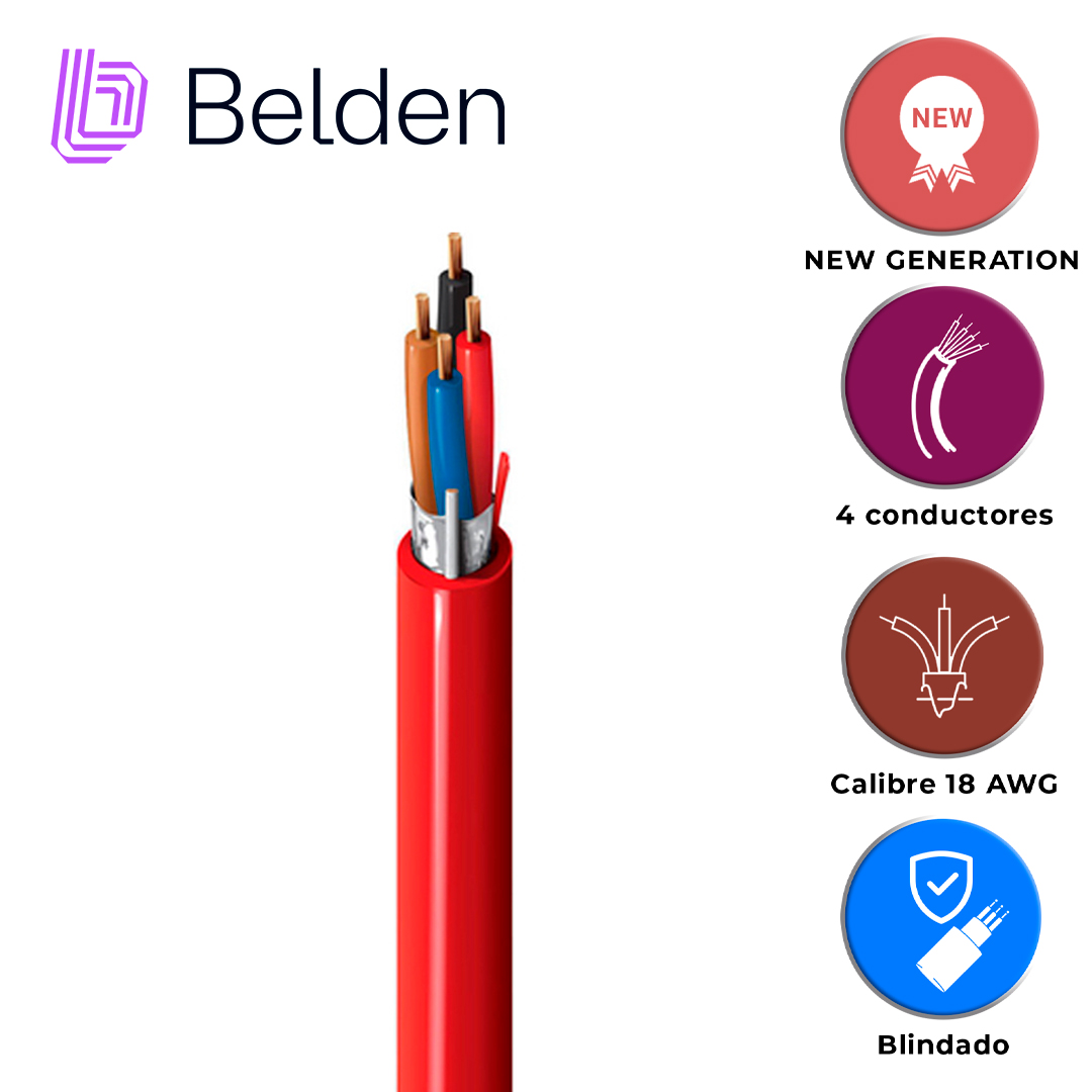 CABLE DE ALARMA CONTRA INCENDIOS BELDEN 5302FL 002U1000 / INTERIOR / ROJO / 4 CONDUCTORES / 18 AWG / SOLIDO /FORRO PVC / CMR - FPLR / BLINDADO / EN CAJA / 1,000 PIES 305 METROS