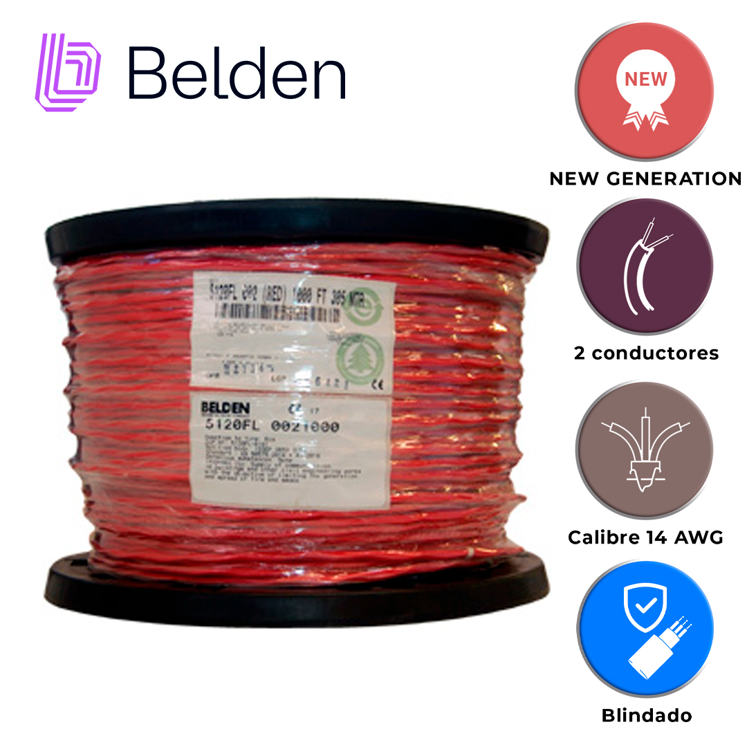 CABLE DE ALARMA CONTRA INCENDIOS BELDEN 5120FL 0021000 / INTERIOR / ROJO / 2 CONDUCTORES / 14 AWG / SOLIDO / FORRO PVC / CMR - FPLR / BLINDADO / BOBINA / 1,000 PIES 305 METROS