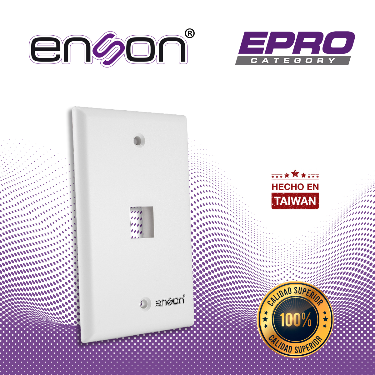 PLACA DE PARED (FACEPLATE) ENSON EPRO-FP10 COMPATIBLE CON JACK KEYSTONE 1 PUERTO COLOR BLANCO, USO EN INTERIOR, IDEAL PARA CONECTORES RJ45, COAXIAL, FIBRA OPTICA, FABRICADO EN PLASTICO ABS