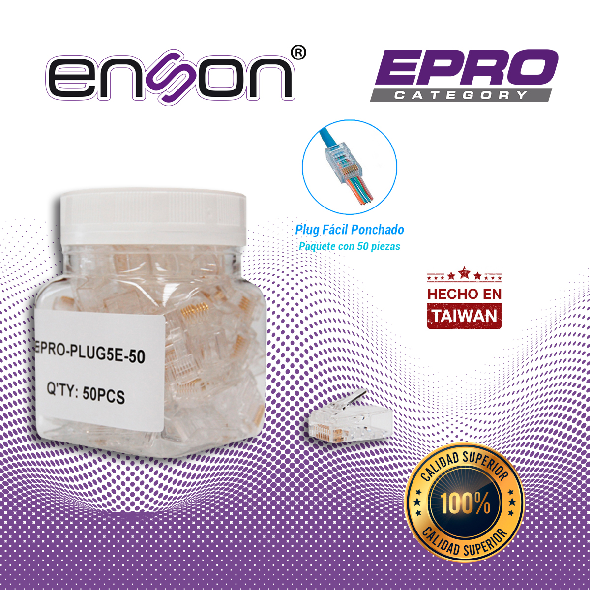 PLUG FACIL PONCHADO ENSON EPRO-PLUG5E-50 BOTE DE 50 PZS PARA CABLE UTP CAT5E CON SISTEMA DE PASO DE CABLES PASSTRU QUE FACILITA EL PONCHADO DE CABLE UTP YA QUE SE PUEDE IDENTIFICAR ERRORES DE MANERA MAS FACIL, REQUIERE USO DE PINZAS EPRO-PLUGTOOL