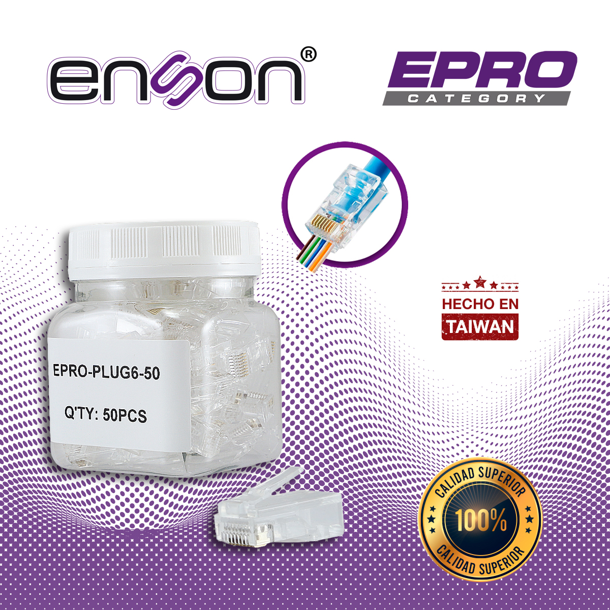 PLUG FACIL PONCHADO ENSON EPRO-PLUG6-50 BOTE DE 50 PZS PARA CABLE UTP CAT6 CON SISTEMA DE PASO DE CABLES PASSTRU QUE FACILITA EL PONCHADO DE CABLE UTP YA QUE SE PUEDE IDENTIFICAR ERRORES DE MANERA MAS FACIL, REQUIERE USO DE PINZAS EPRO-PLUGTOOL