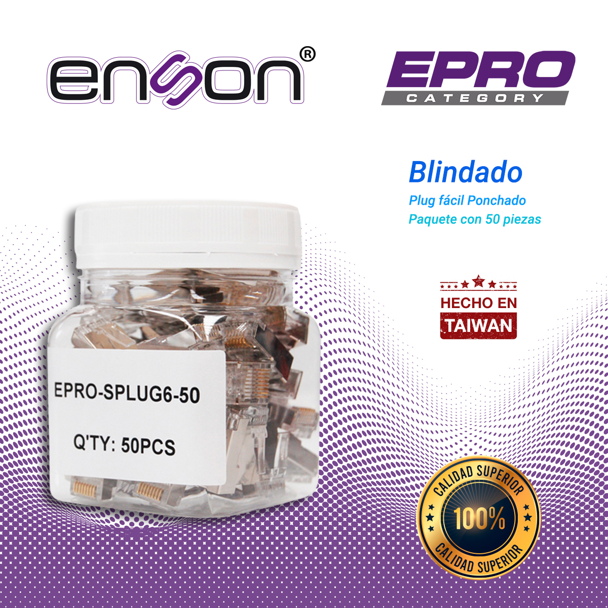 PLUG FACIL PONCHADO BLINDADO ENSON EPRO-SPLUG6-50 BOTE DE 50 PZS PARA CABLE UTP CAT6 CON SISTEMA DE PASO DE CABLES PASSTRU QUE FACILITA EL PONCHADO DE CABLE UTP YA QUE SE PUEDE IDENTIFICAR ERRORES DE MANERA MAS FACIL, REQUIERE USO DE PINZAS EPRO-PLUGTOOL