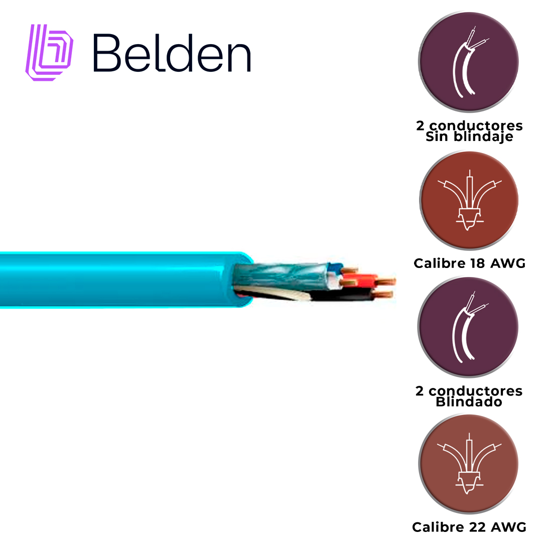 CABLE DE ILUMINACION Y AUTOMATIZACION BELDEN 1392A G751000 / INTERIOR / AQUA / 2 CONDUCTORES 18 AWG (ALIMENTACION) NO BLINDADO + 2 CONDUCTORES 22 AWG (DATOS) BLINDADO / FORRO PVC / CMR / BOBINA / 1,000 PIES 305 METROS