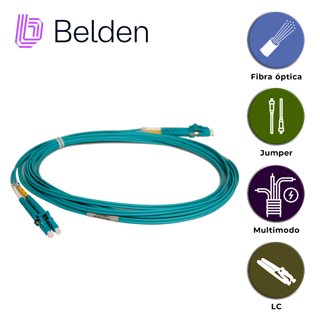 JUMPER DE FIBRA OPTICA MULTIMODO BELDEN FP3LDLD003M / INTERIOR / AQUA / OM3 / LC DUPLEX - LC DUPLEX / 50/125 MICRAS / OFNR / 3 METROS
