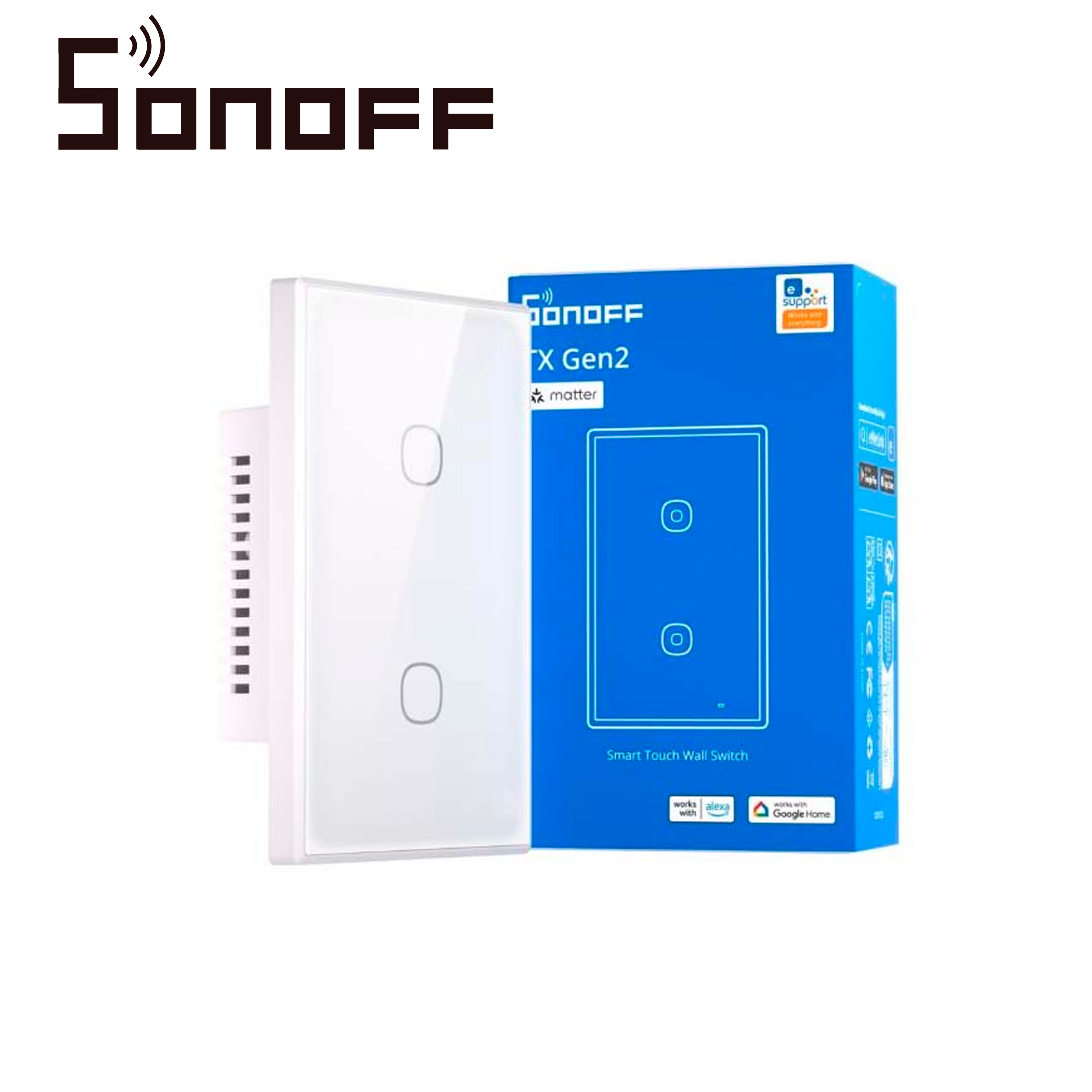 Apagador De Pared Touch Tx Gen2 Sonoff T6-2c-120m / 2CH On/off Inalambrico / Wifi 2.4GHZ / Color Blanco / Matter Compatible Apple Home/alexa/google Home/smartthings/ifttt / App Ios Y Android / Hasta 10AMP Por Canal