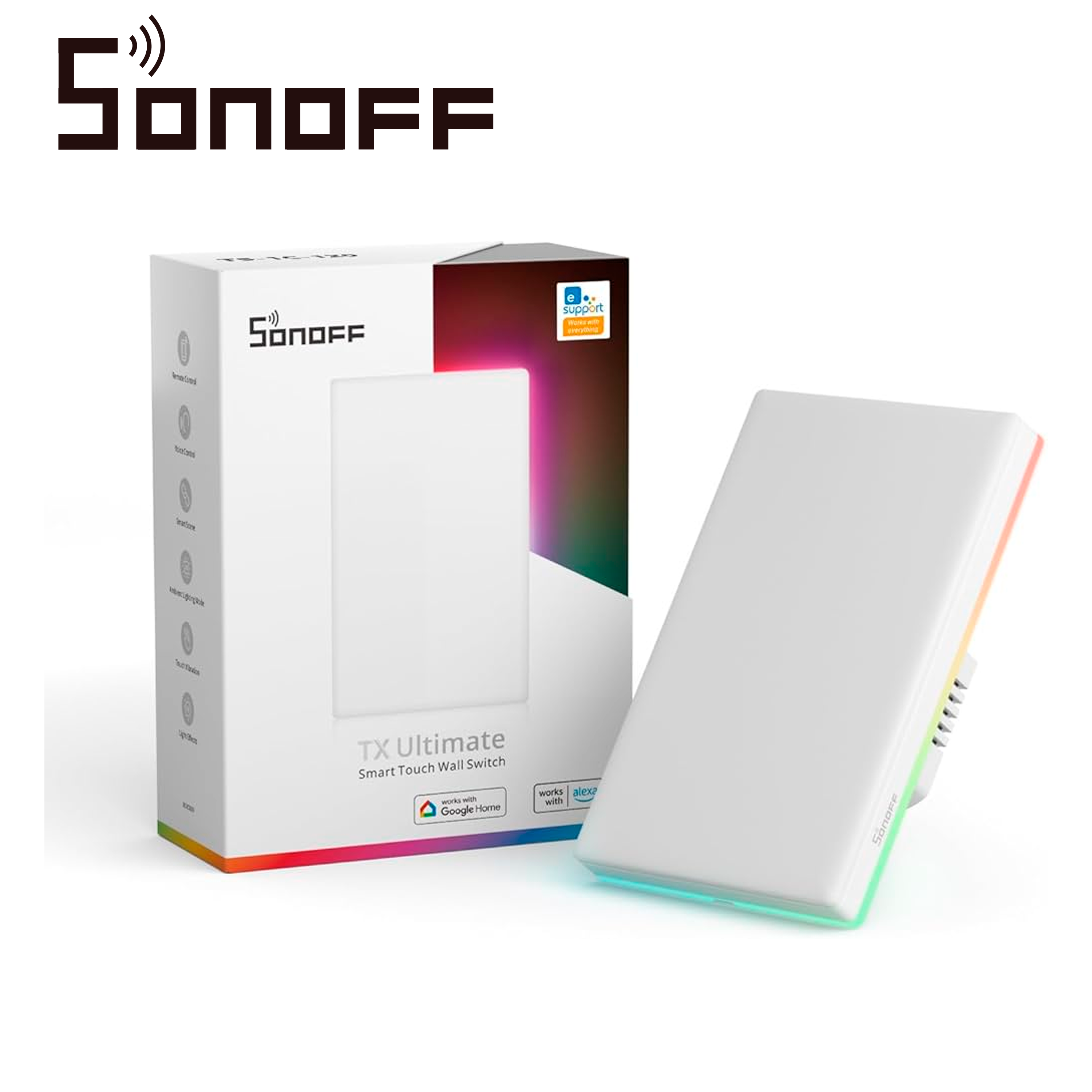 APAGADOR DE PARED TOUCH TX ULTIMATE SONOFF T5-1C-120 / 1CH ON/OFF INALAMBRICO / WIFI 2.4GHZ / COLOR BLANCO / LUZ AMBIENTAL / VIBRA/SUENA/SE ILUMINA AL TOCARLO / COMPATIBLE CON ALEXA/GOOGLE HOME/IFTTT / APP IOS Y ANDROID / HASTA 5AMP POR CANAL