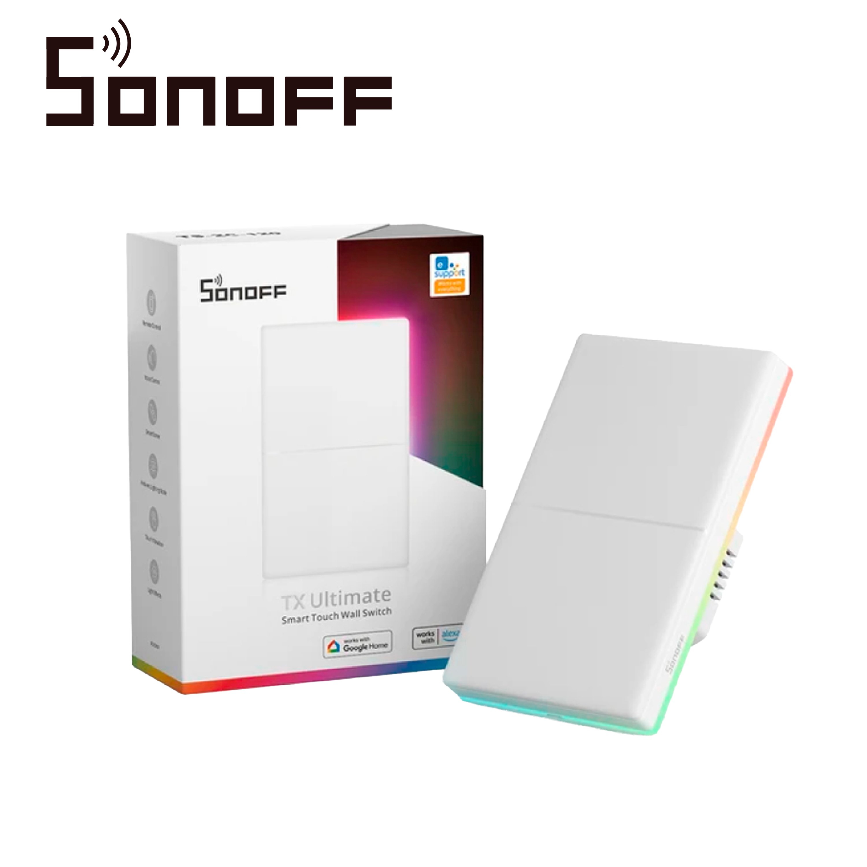 APAGADOR DE PARED TOUCH TX ULTIMATE SONOFF T5-2C-120 / 2CH ON/OFF INALAMBRICO / WIFI 2.4GHZ / COLOR BLANCO / LUZ AMBIENTAL / VIBRA/SUENA/SE ILUMINA AL TOCARLO / COMPATIBLE CON ALEXA/GOOGLE HOME/IFTTT / APP IOS Y ANDROID / HASTA 5AMP POR CANAL