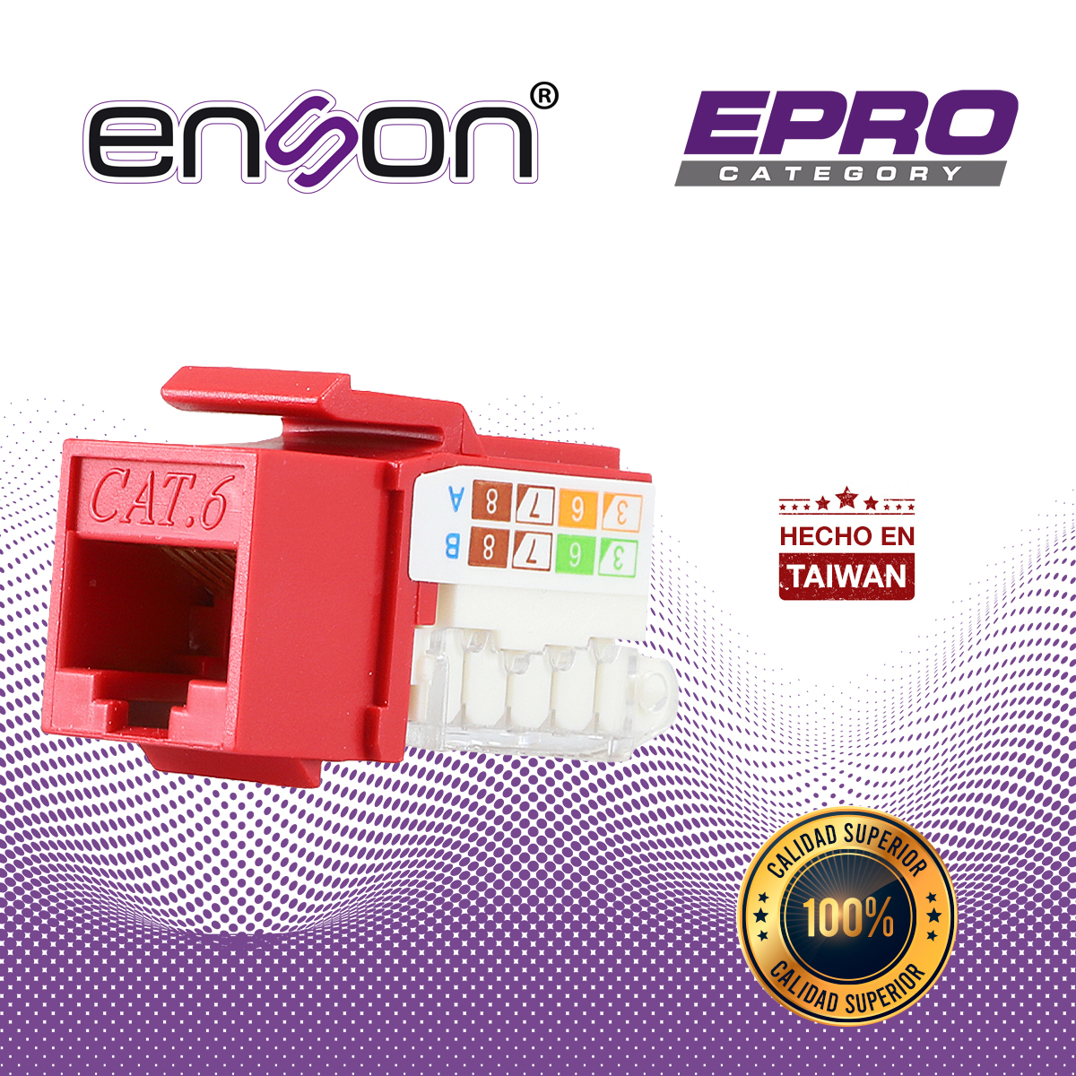 CONECTOR MODULAR JACK RJ45 ENSON EPRO-TLJACK6-RD SERIE PRO TERMINADO SIN PINZAS, POSICION VERTICAL CAT6 COLOR ROJO COMPATIBLE CON PLACAS ENSON EPRO-FP