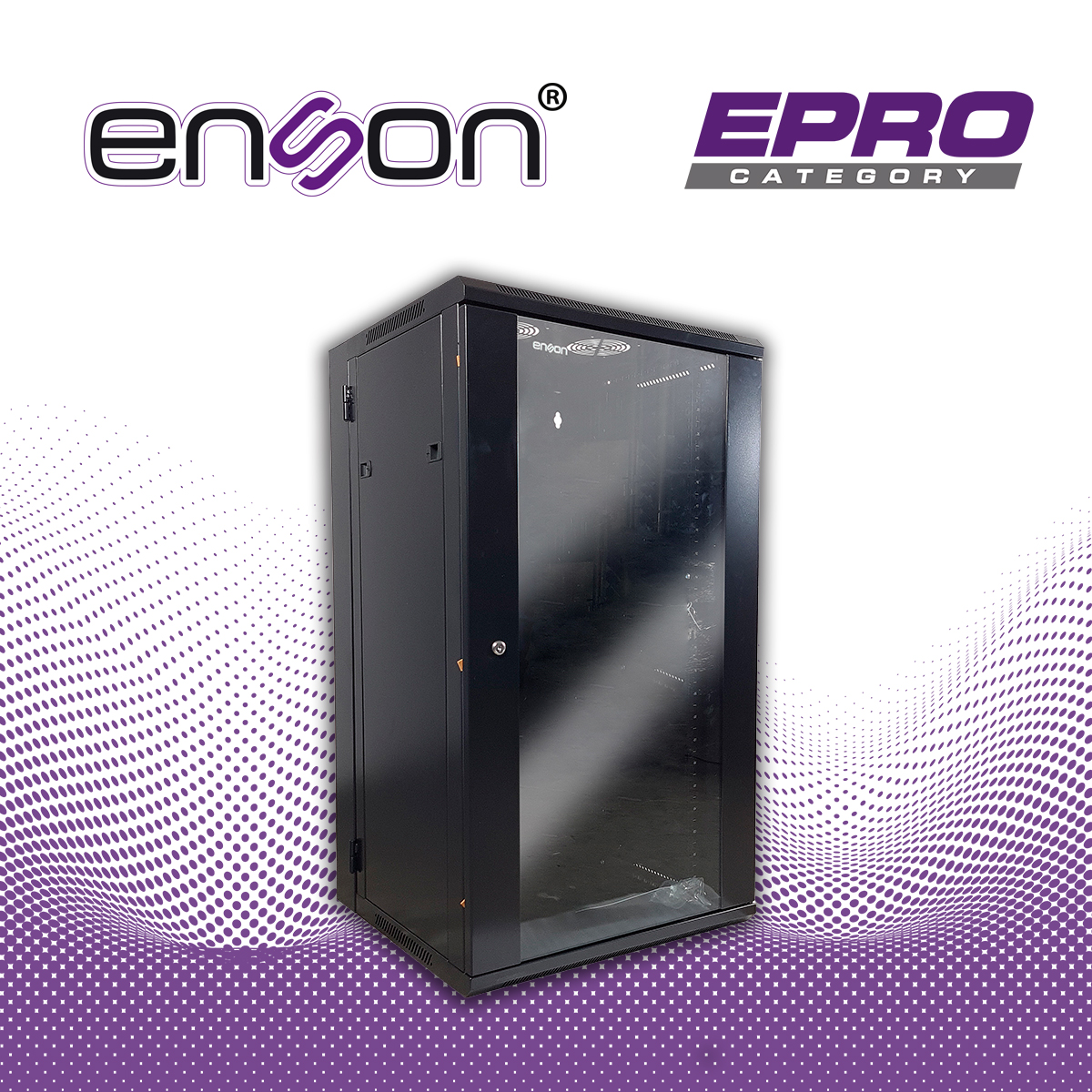 GABINETE DE PISO/PARED ENSON ENS-RKGU22PRO 22U PUERTA FRONTAL DE CRISTAL TEMPLADO CON CERRADURA DE SEGURIDAD PUERTA TRASERA ABATIBLE RANURAS DE VENTILACION EN LA PARTE SUPERIOR PARA 2 VENTILADORES DE 11 CM DIMENSIONES 550X600X1055MM