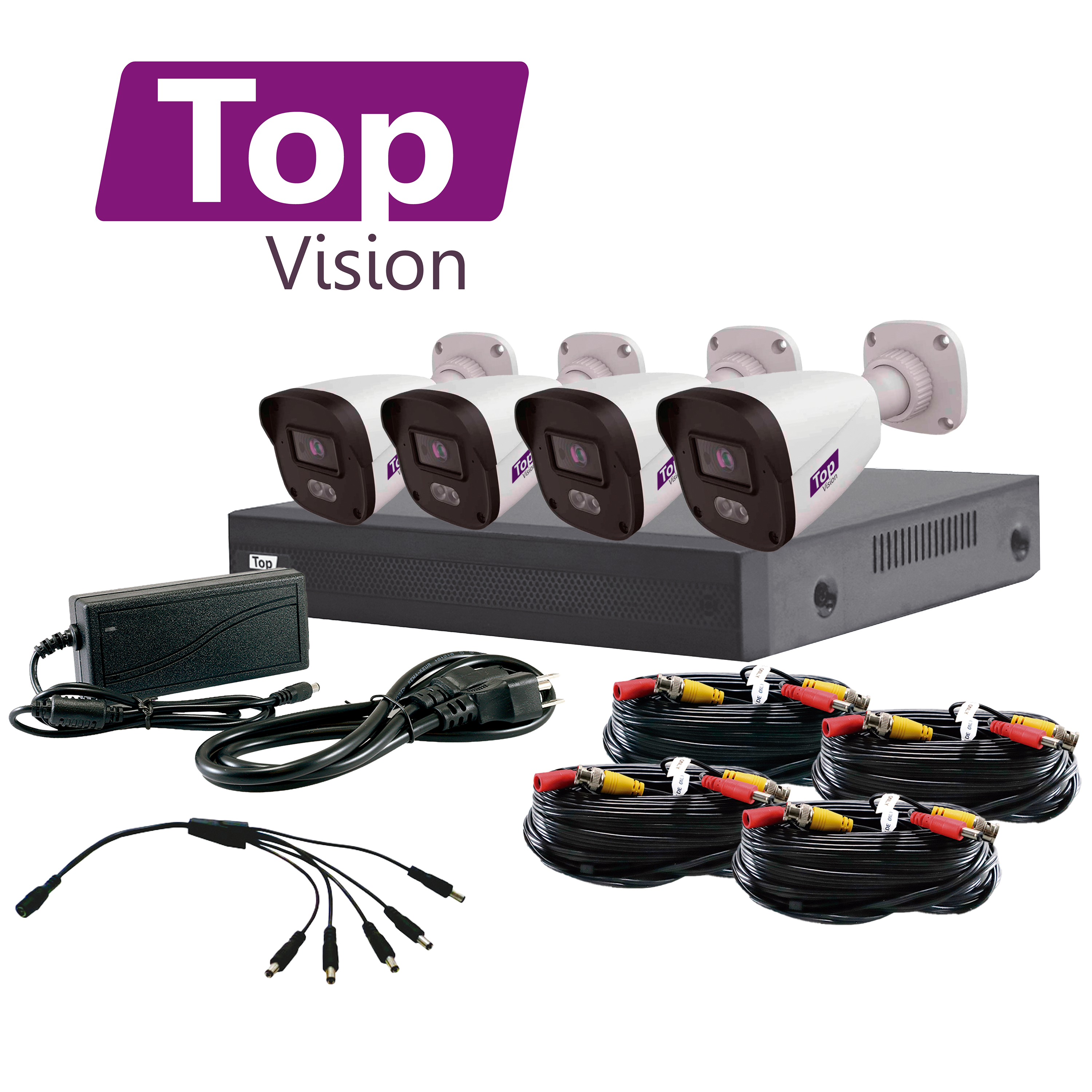 Kit 4X4 Top24adlkit Topvision Incluye 1 DVR Xvr-204ai 4CH 1080 Lite Audio Por Coaxial O UTP / Analitica Basica Integrada Smd / Cruce De Linea / Intrusion / Deteccion De Objetivo + 4 Camaras HD Topvision Bullet Tbdl202a 2MP 2.8MM Luz Dual / Microfono Integrado / Carcasa Plastica / Ip67 / 12VCD + 4 Cables Preponchados Bnc/alimentacion 18M + Fuente De Poder + Distribuidor De Energia Imagen A Color 24/7 **sin Hdd**