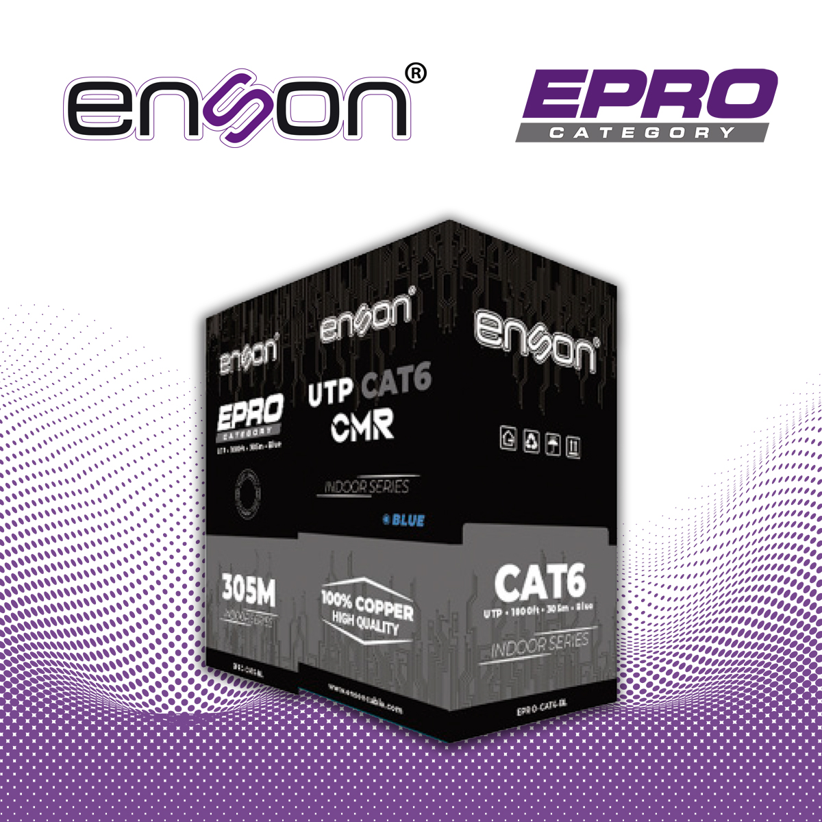 CABLE UTP CAT6 AZUL ENSON EPRO-CAT6-BL CRM / FORRO PVC / 4 PARES / CALIBRE 23 AWG / 100% COBRE / USO INTERIOR / COLOR AZUL / BOBINA 1000 PIES / 305 METROS / CERTIFICACION UL