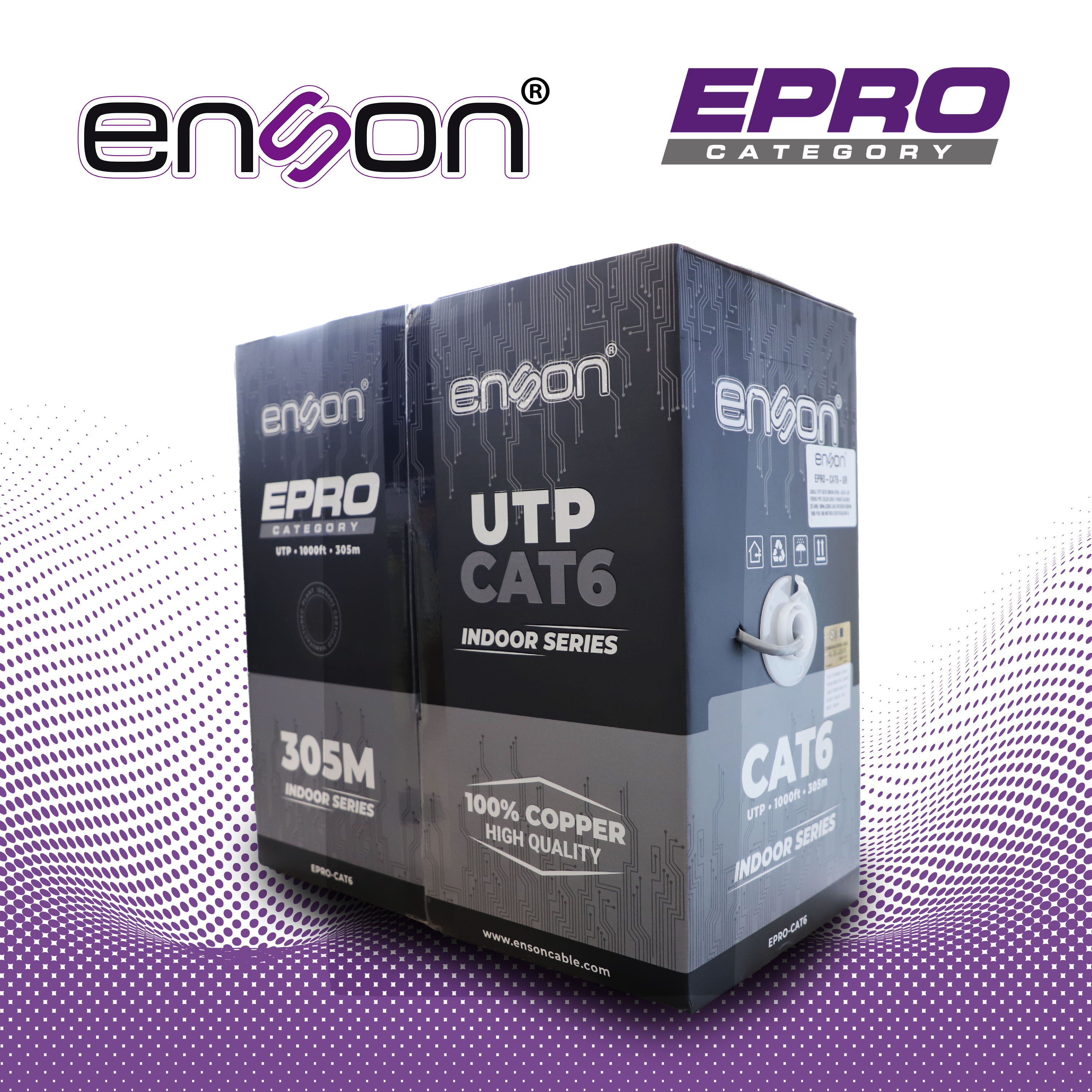 CABLE UTP CAT6 ENSON EPRO-CAT6-GR FORRO PVC COLOR GRIS 4 PARES CALIBRE 23 AWG 100% COBRE USO INTERIOR BOBINA 1000 PIES 305 METROS CERTIFICACION UL