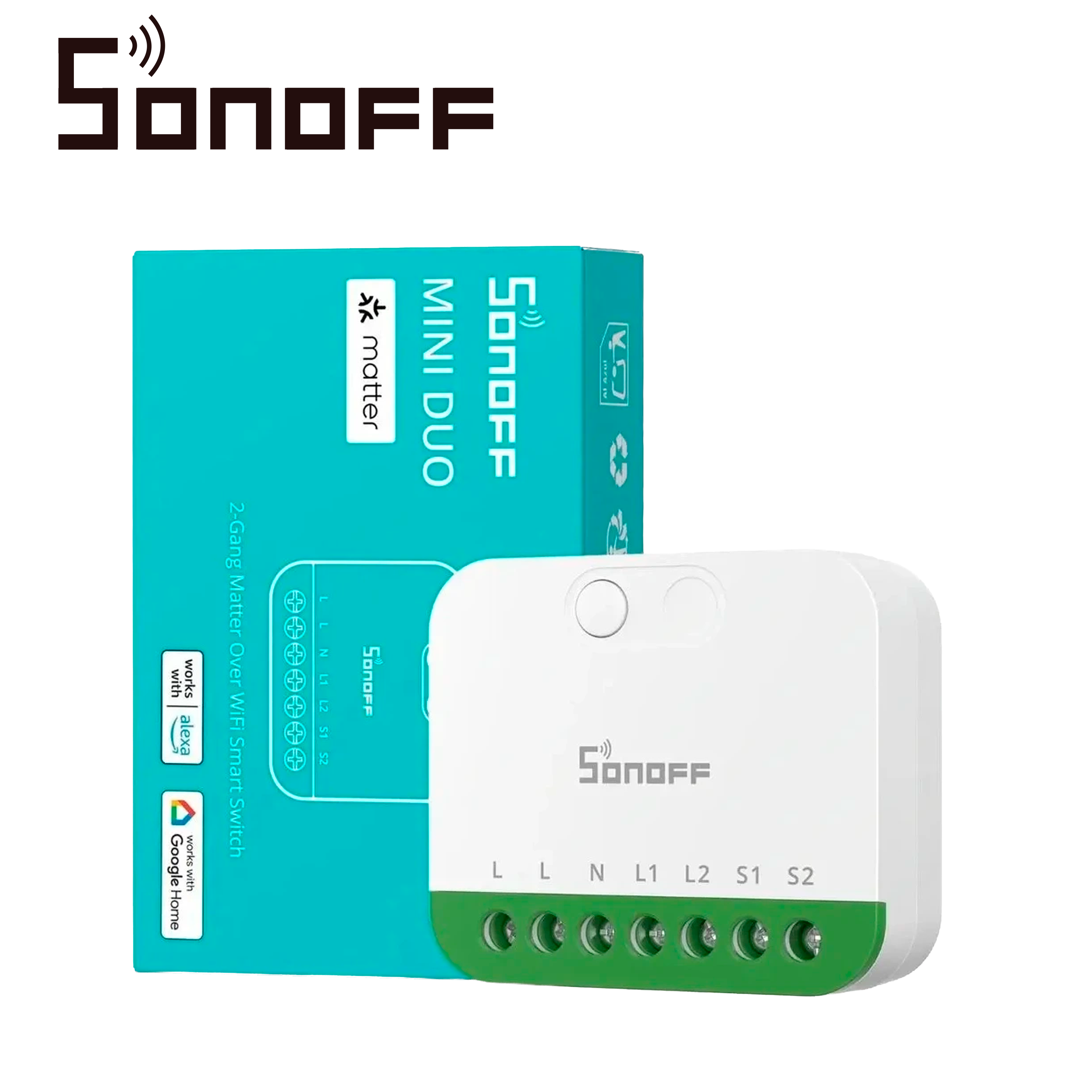 Mini Interruptor Inalambrico Sonoff Mini-2gs / Matter / Wifi 2.4GHZ/ 2 Canales Independientes / Carga Total De 16 Ampere / Compatible Con Google Home / Alexa / Apple Home / Home Assistant