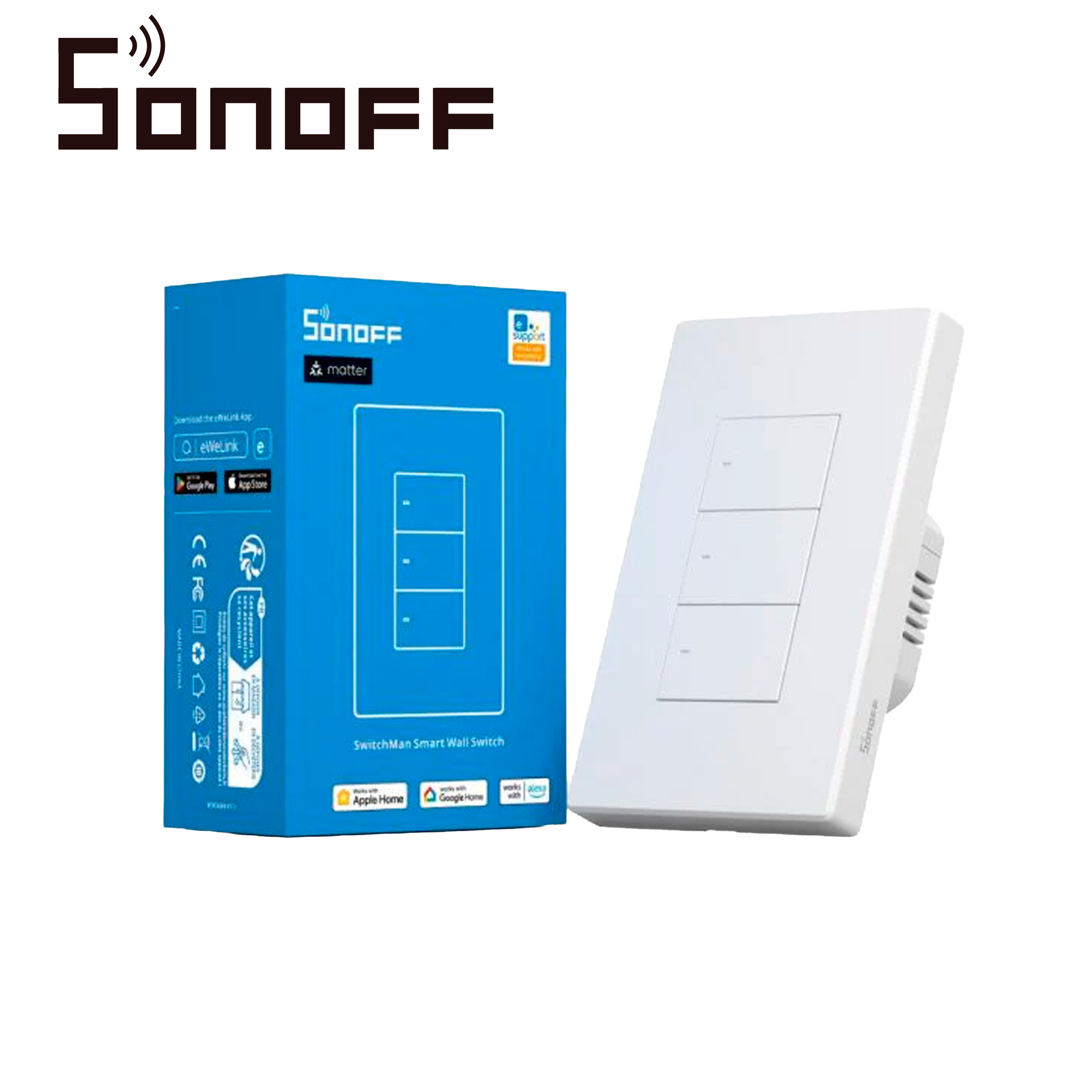 Apagador De Pared Touch Sonoff M5-3c-120w / 3 Canales On/off/ Matter/ Wifi 2.4GHZ / Compatible Con Google Home / Alexa/ Apple Home / Smartthings / Hasta 2 Amp Por Canal