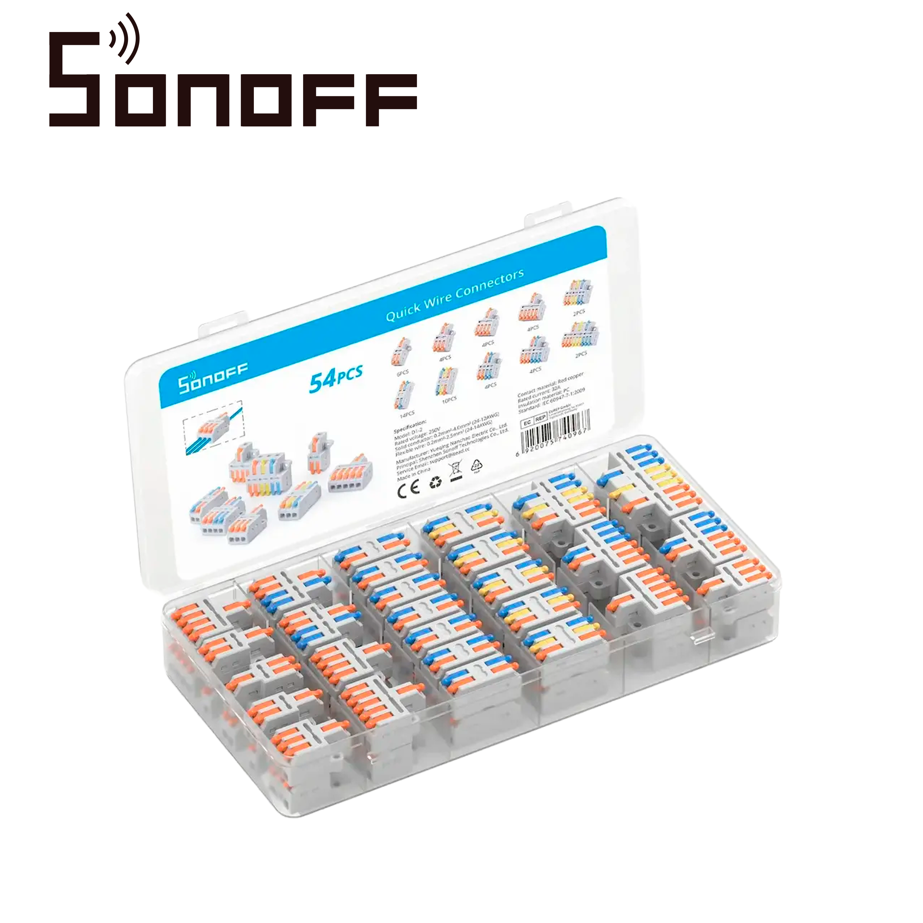 Conectores De Empalme Rapido Sonoff D1-2 / Juego De 54 Conectores Rapidos De Diferentes Capacidades De Conductores /identificados Por Colores/ Compatible Con Cables Awg24-12 / Facil Y Rapida Coneccion/ Soporta Hasta 32AMP