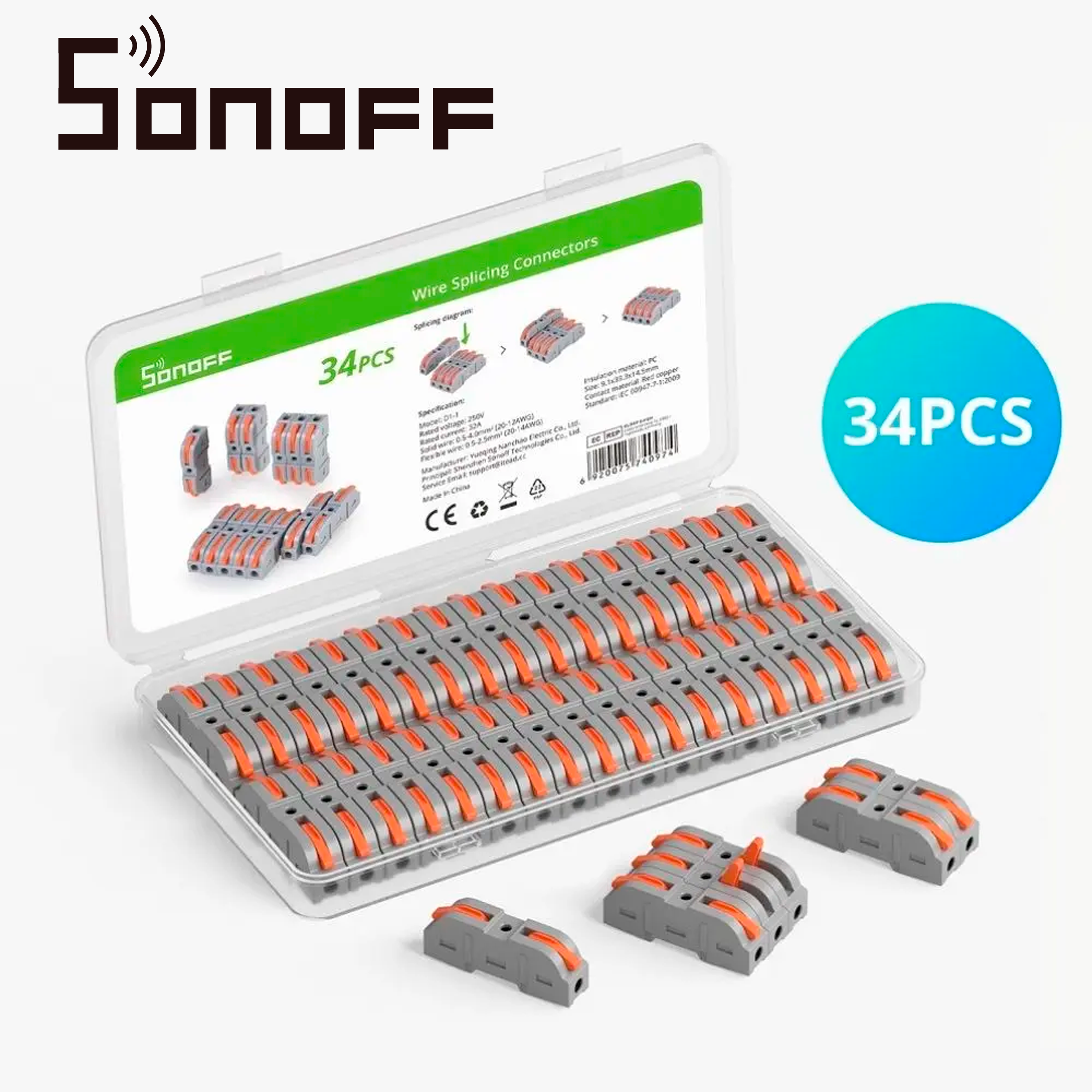 Conectores De Empalme Rapido Sonoff D1-1 / Juego De 34 Conectores Rapidos / Compatible Con Cables Awg20-12 / Facil Y Rapida Coneccion / Agrupables/ Soporta Hasta 32AMP