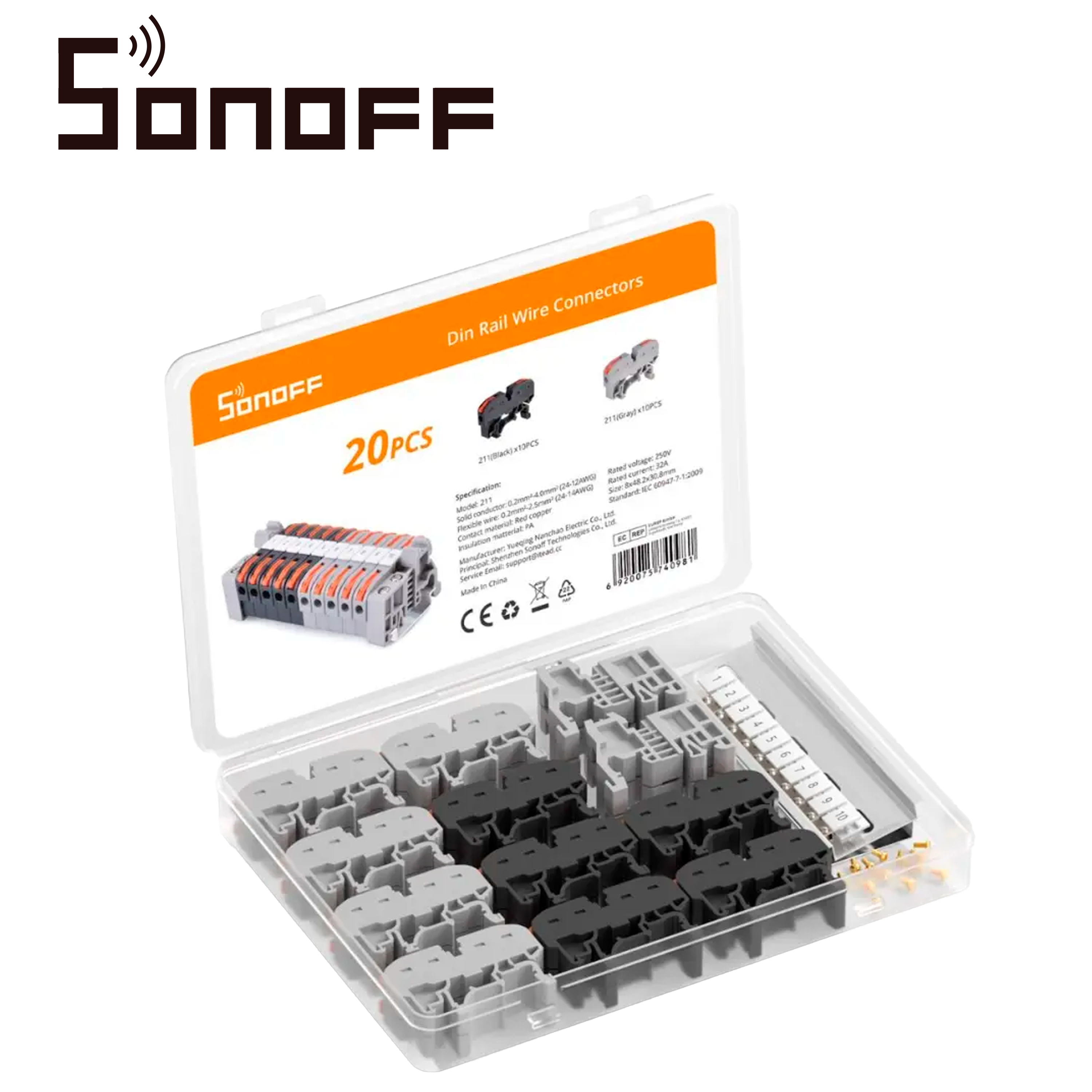 Conectores De Empalme Rapido Y Montaje En Riel Din Sonoff 211 / Juego De 20 Conectores Rapids/ Compatibles Con Cables Awg20-12 / Facil Y Rapida Coneccion/ Montables En Riel Din / Soporta Hasta 32AMP