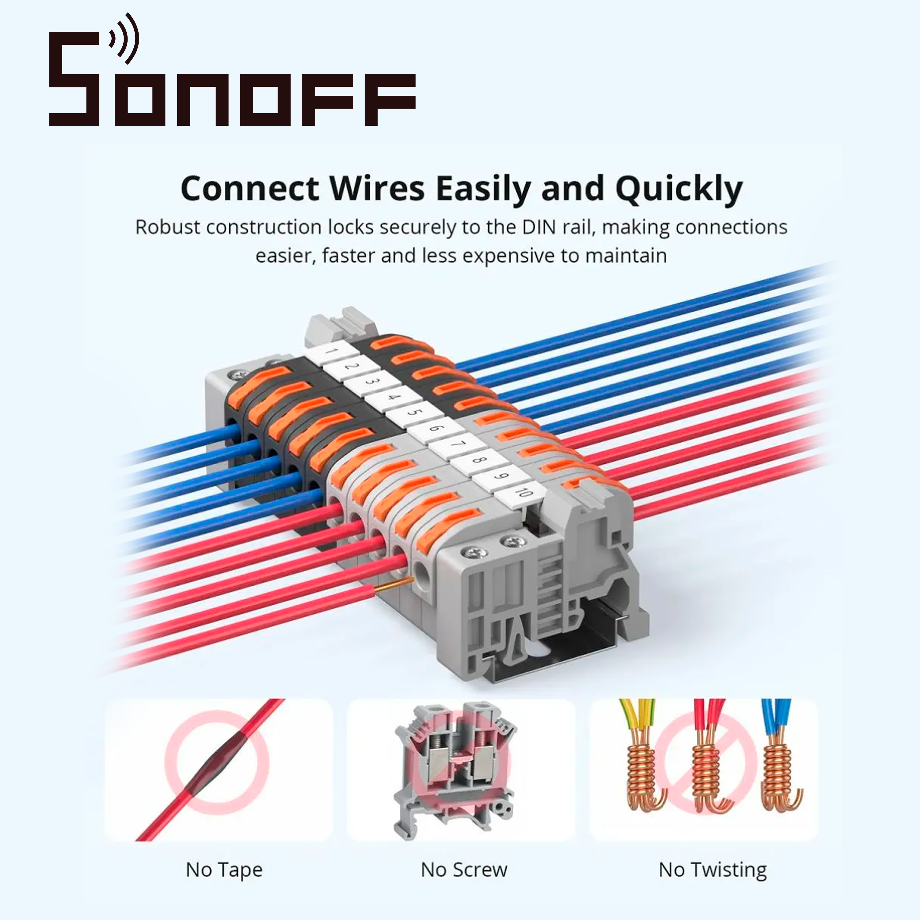 Conectores De Empalme Rapido Y Montaje En Riel Din Sonoff 211 / Juego De 20 Conectores Rapids/ Compatibles Con Cables Awg20-12 / Facil Y Rapida Coneccion/ Montables En Riel Din / Soporta Hasta 32AMP