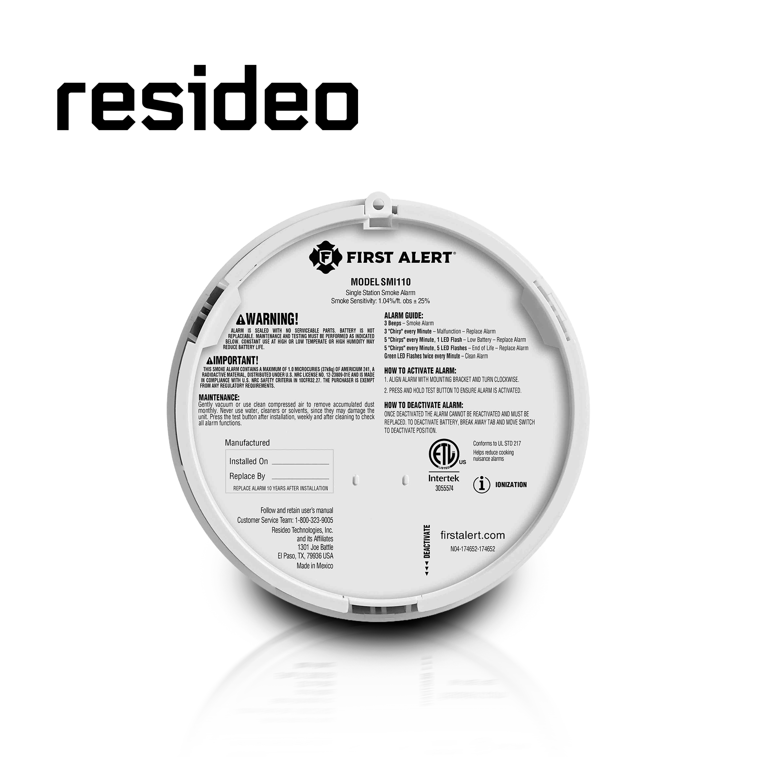 Detector De Humo Autonomo Resideo Rbk 1046858 / Blanco / Deteccion Por Ionizacion / Sirena Integrada De 85 Db / Bateria Por 10 Años No Reemplazable