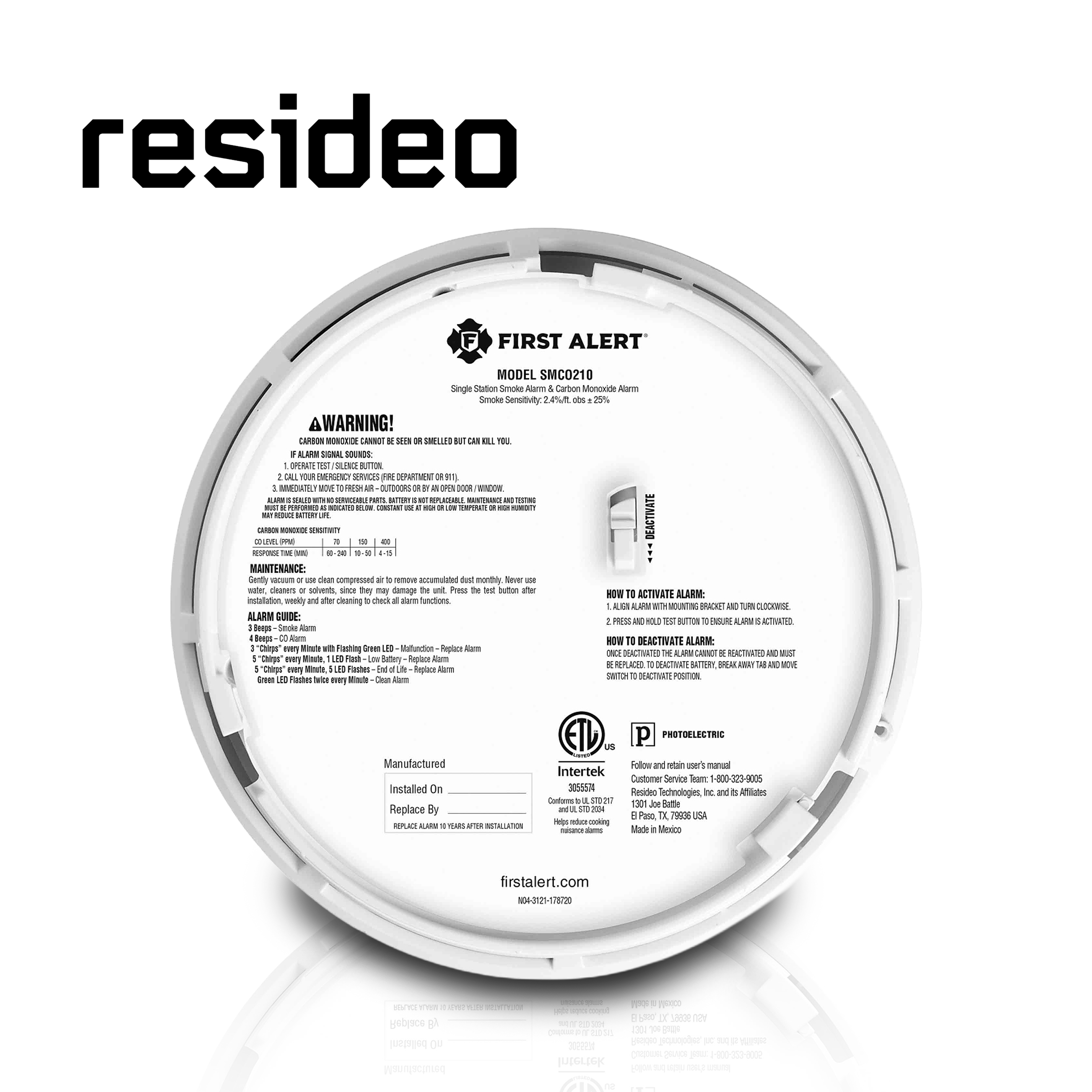 Detector De Humo Y Co2 Resideo Rbk 1046802 / Blanco / Deteccion Por Ionizacion Y Fotoelectrico / Sirena Integarda De 85 Db / Bateria Por 10 Años / Bateria No Reemplazable