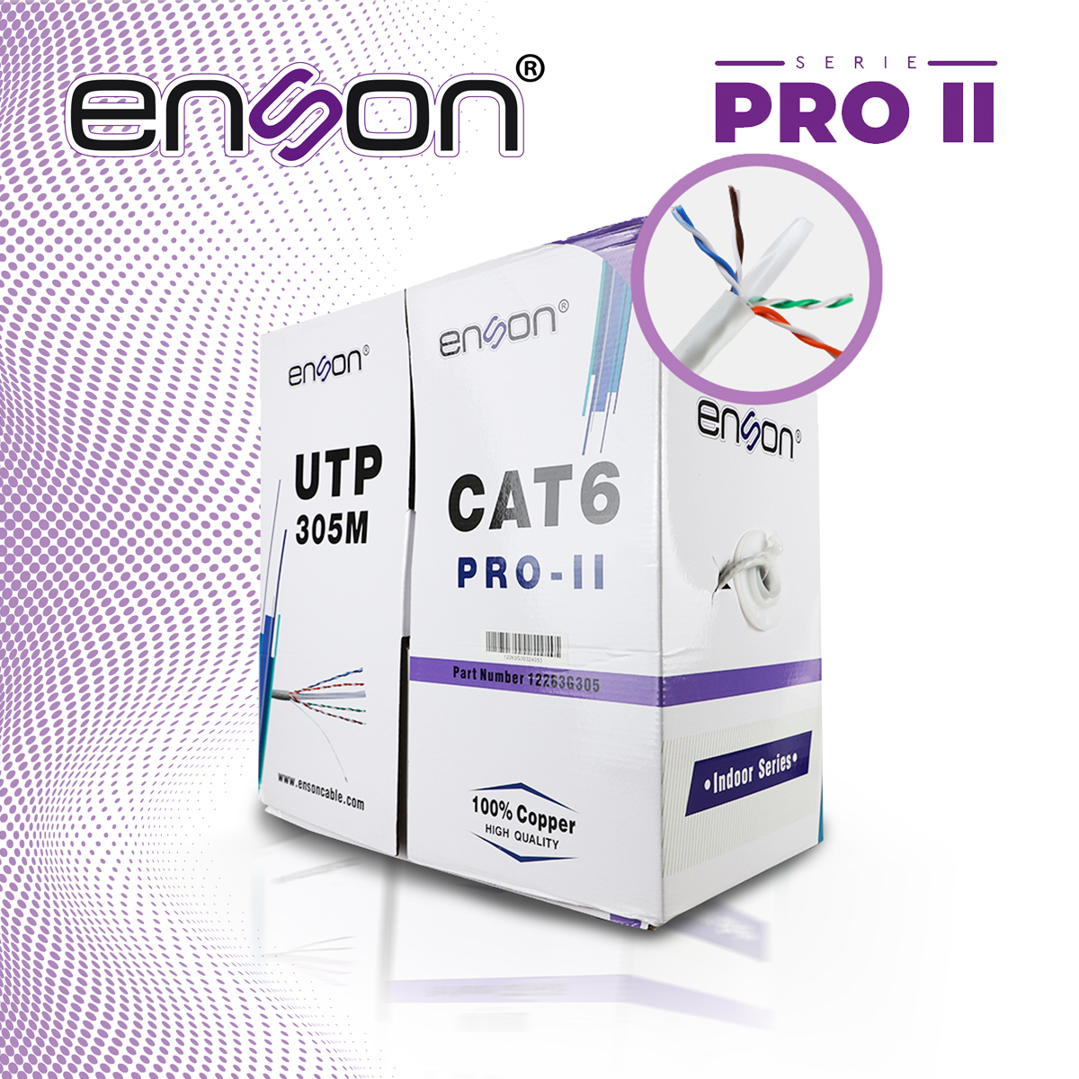 CABLE UTP CAT6 ENSON 12263G305 SERIE PRO-II CALIBE 23 AWG 100% COBRE DE ALTO RENDIMIENTO BOBINA DE 305 METROS FORRO PVC COLOR GRIS USO INTERIOR RECOMENDADO PARA CCTV, VIDEO IP Y REDES BASE 10,100,1000