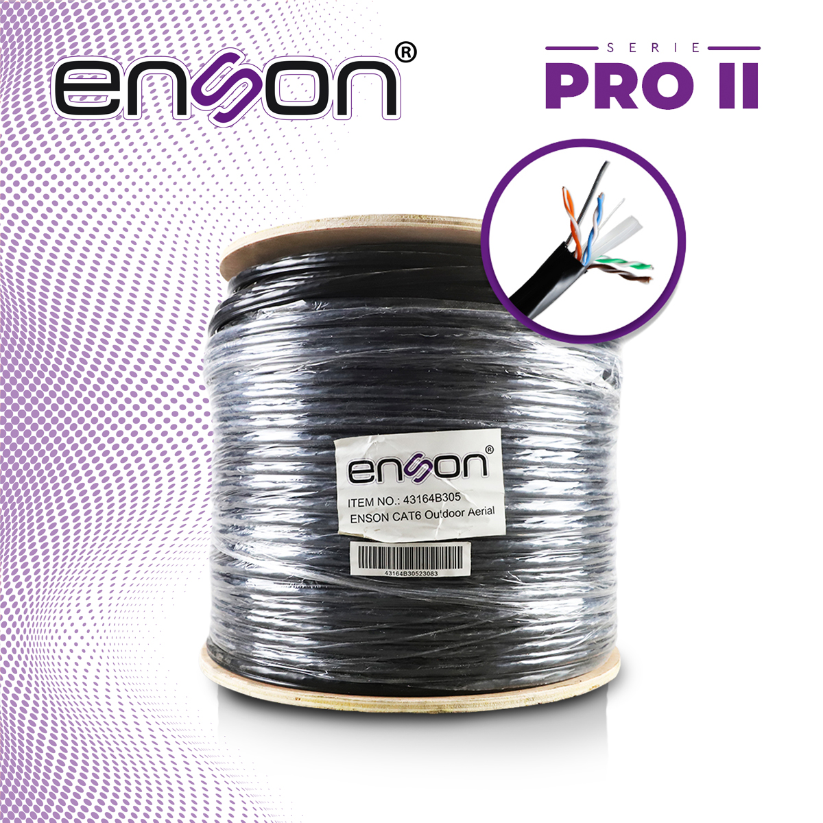 CABLE UTP AEREO CAT6 ENSON 43164B305 FORRO NEGRO 4 PARES CALIBRE 23 AWG 100% COBRE USO EXTERIOR FIGURA8 1000 PIES 305 METROS