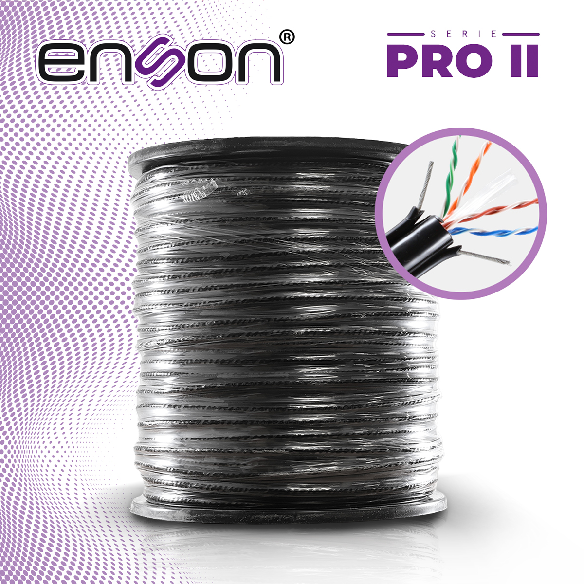 CABLE UTP PARA ELEVADOR CAT6 ENSON 43352B3055 SERIE PRO-II CALIBE 23 AWG 100% COBRE DE ALTO RENDIMIENTO BOBINA DE 305 METROS FORRO PVC COLOR NEGRO CON 2 CABLEAS DE ACERO COMO ARMADURA PARA SU USO EN ELEVADORES O CABLE AEREO EN INTERIORES RECOMENDADO PARA CCTV, VIDEO IP Y REDES BASE 10,100,1000