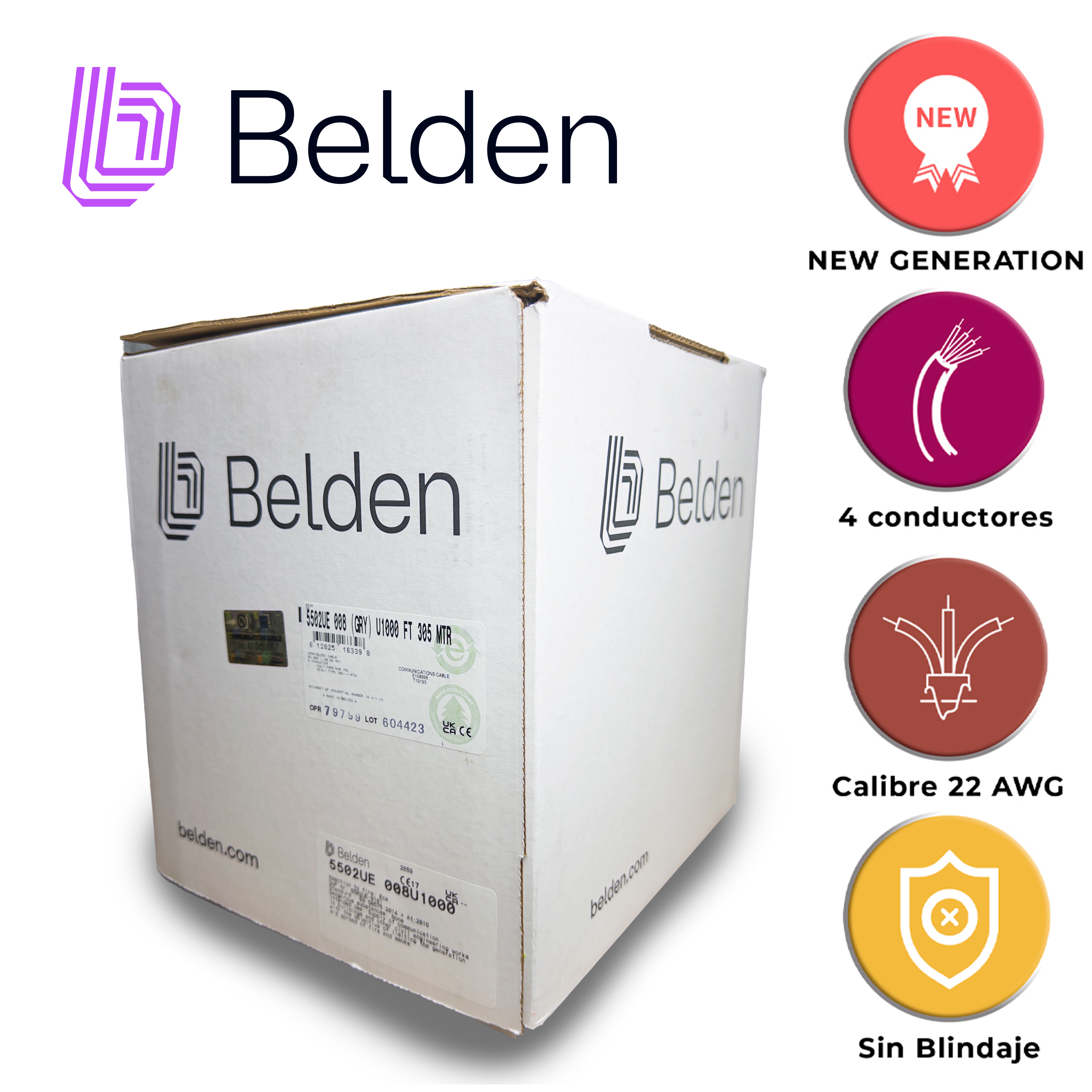 CABLE DE SEGURIDAD Y SONIDO BELDEN 5502UE 008U1000 / INTERIOR / GRIS / 4 CONDUCTORES / 22 AWG / MULTIFILAR / FORRO PVC / CMR / EN CAJA / 1,000 PIES 305 METROS