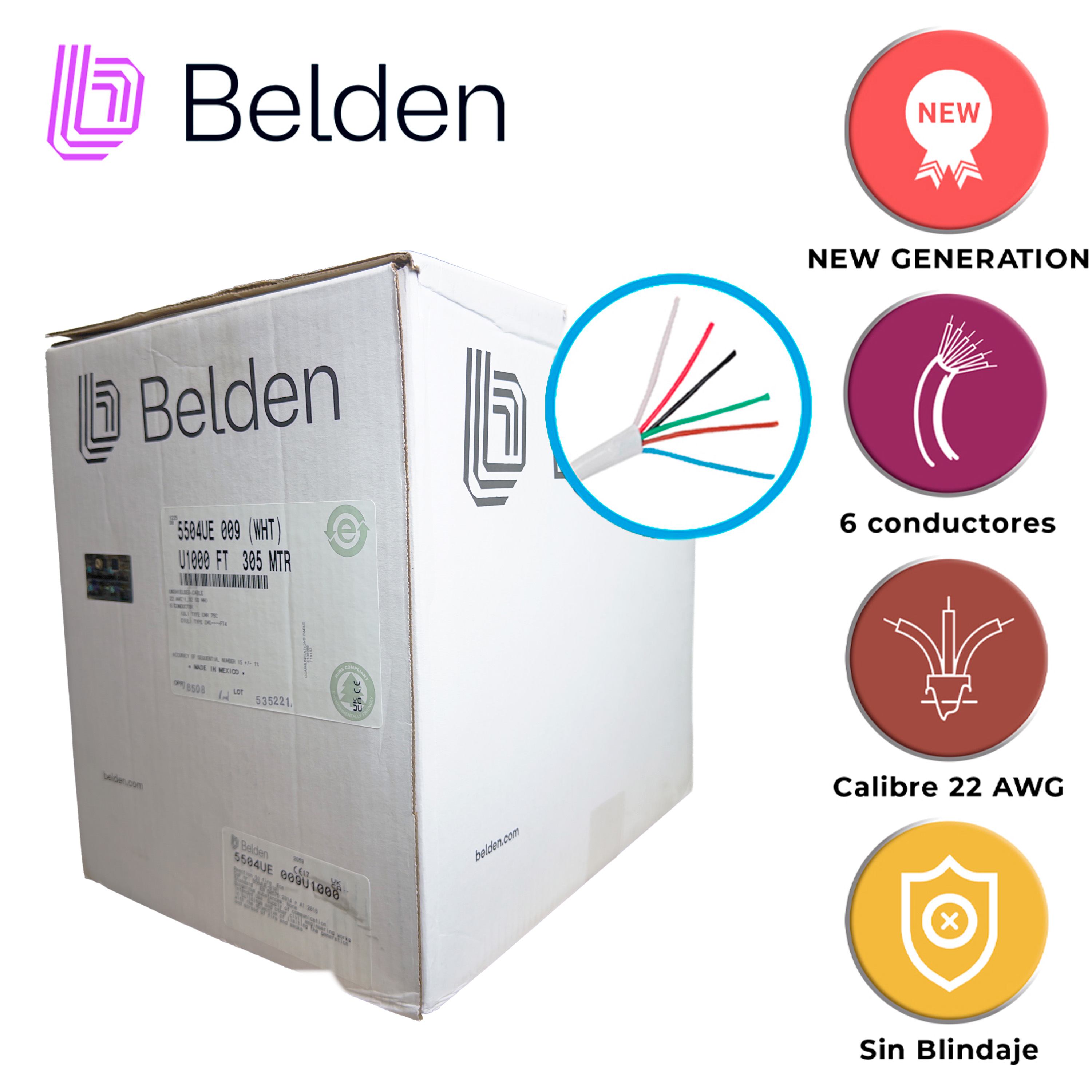 CABLE DE SEGURIDAD Y SONIDO BELDEN 5504UE 009U1000 / INTERIOR / BLANCO / 6 CONDUCTORES / 22 AWG / MULTIFILAR / FORRO PVC / CMR / EN CAJA / 1,000 PIES 305 METROS