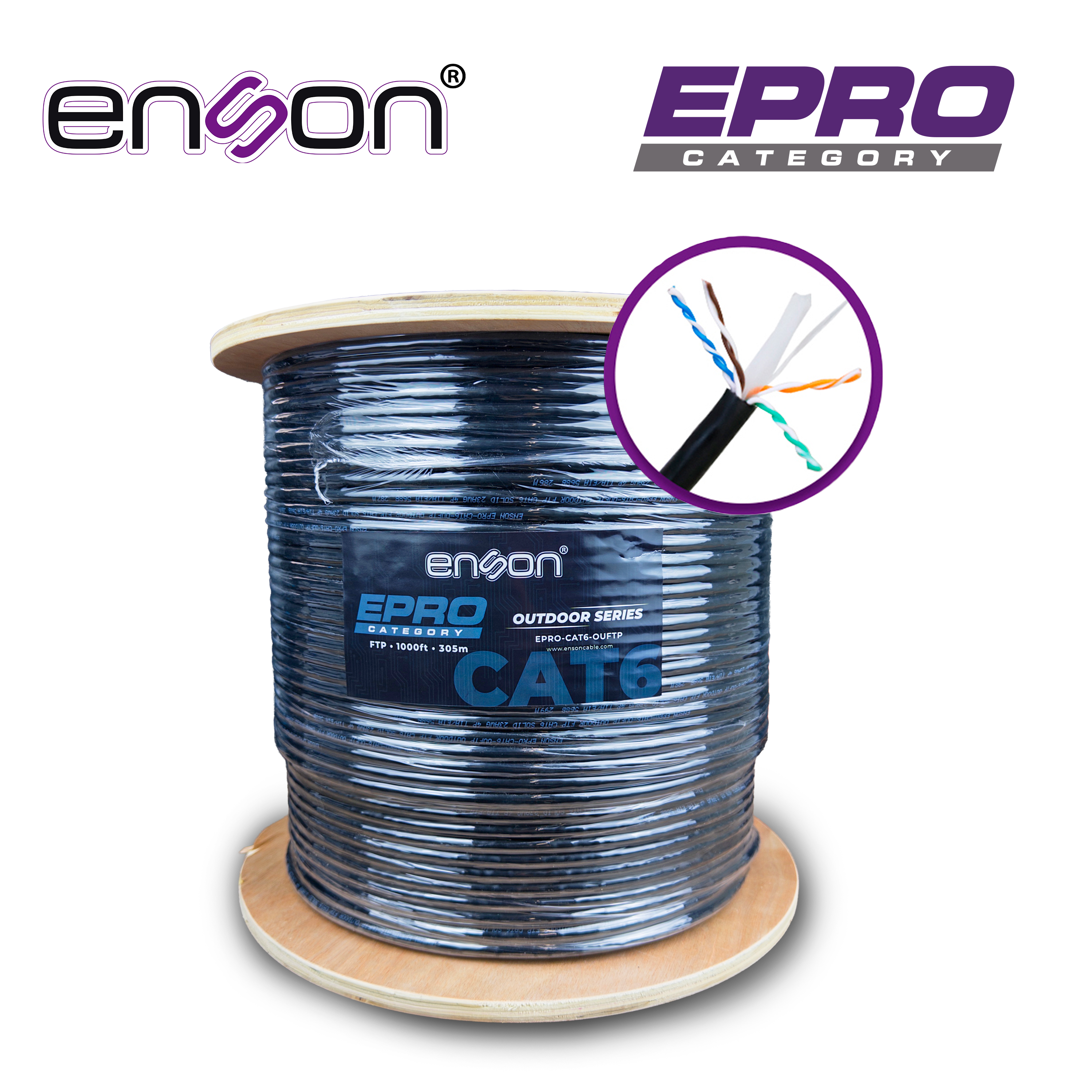 CABLE FTP CAT6 ENSON EPRO-CAT6-OUFTP FORRO PE BLINDADO 4 PARES CALIBRE 23 AWG 100% COBRE USO EXTERIOR BOBINA 1000 PIES 305 METROS