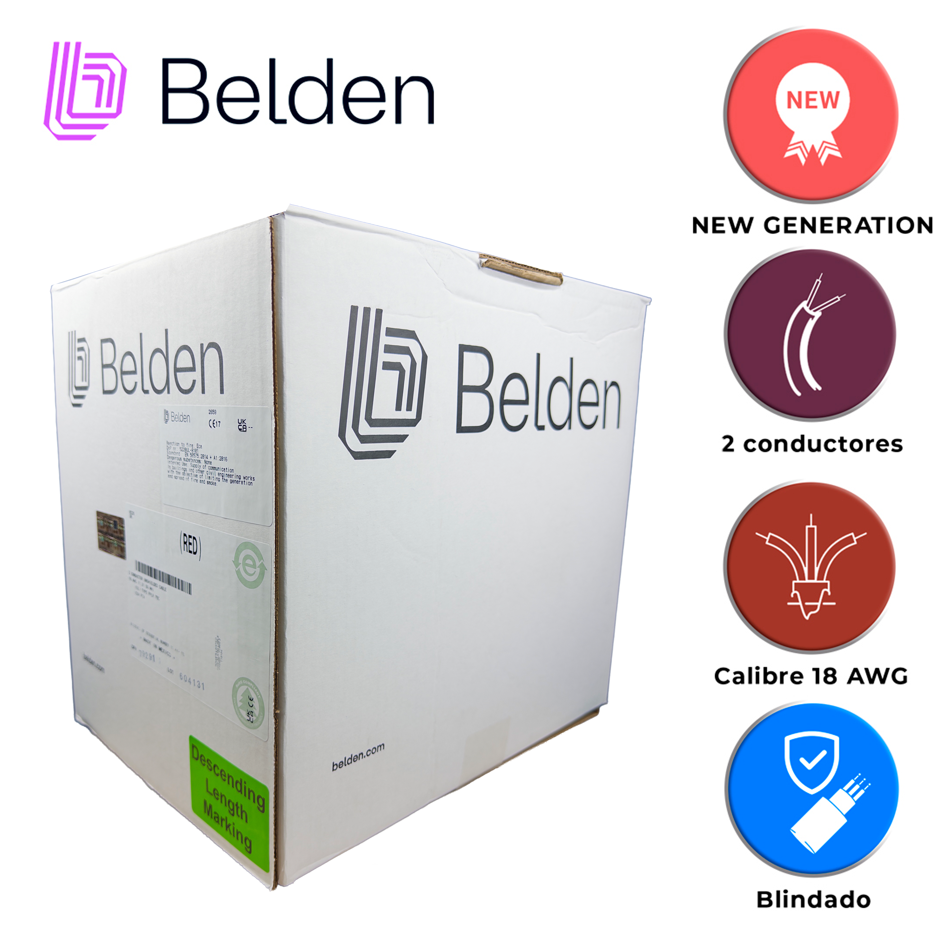 CABLE DE ALARMA CONTRA INCENDIOS BELDEN 5320FL 002U1000 / INTERIOR / ROJO / 2 CONDUCTORES / 18 AWG / SOLIDO / FORRO PVC / CMR - FPLR / BLINDADO / EN CAJA / 1,000 PIES 305 METROS
