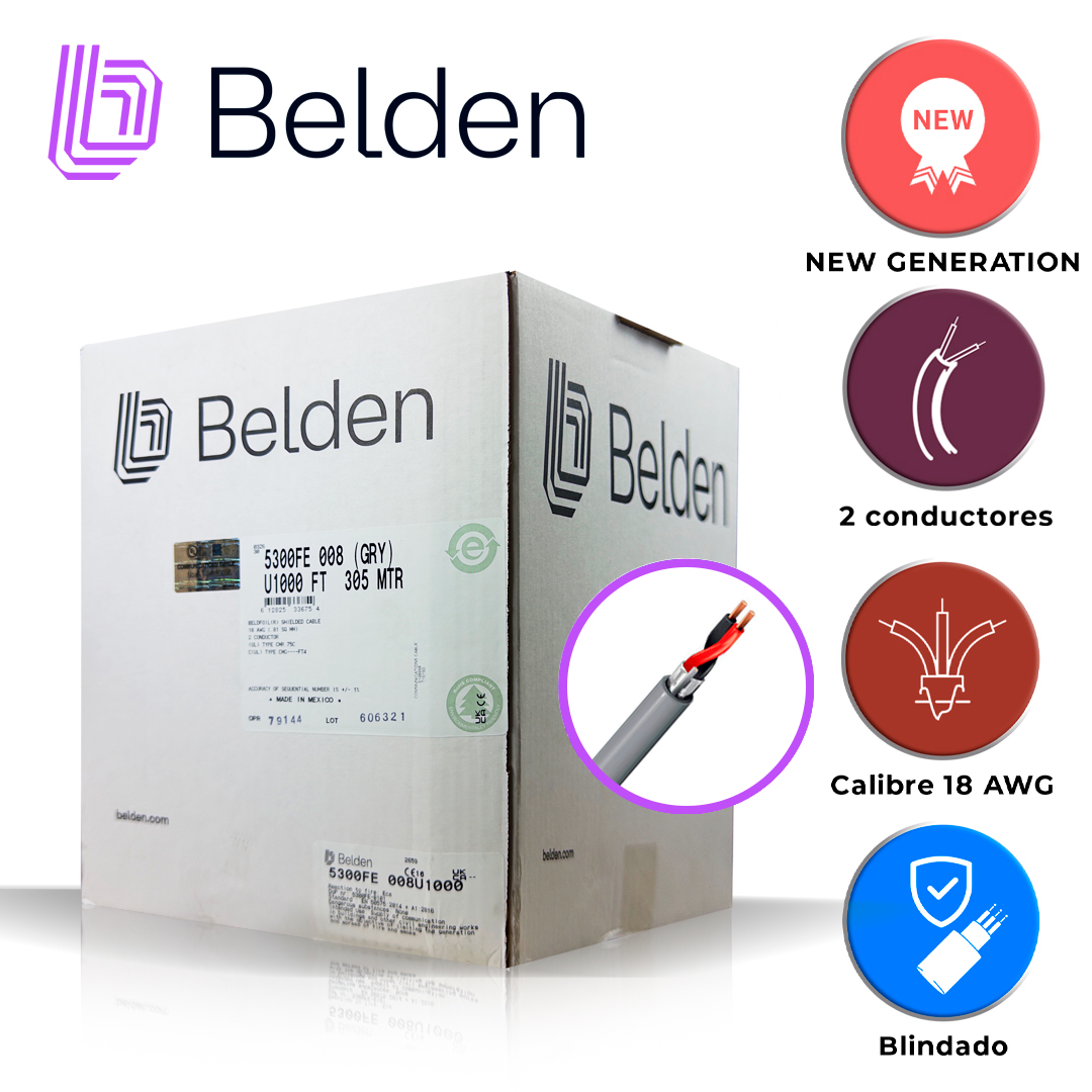 CABLE DE AUDIO COMERCIAL Y SEGURIDAD BELDEN 5300FE 008U1000 / INTERIOR / GRIS / 2 CONDUCTORES / 18 AWG / MULTIFILAR / FORRO PVC / CMR / BLINDADO / EN CAJA / 1,000 PIES 305 METROS