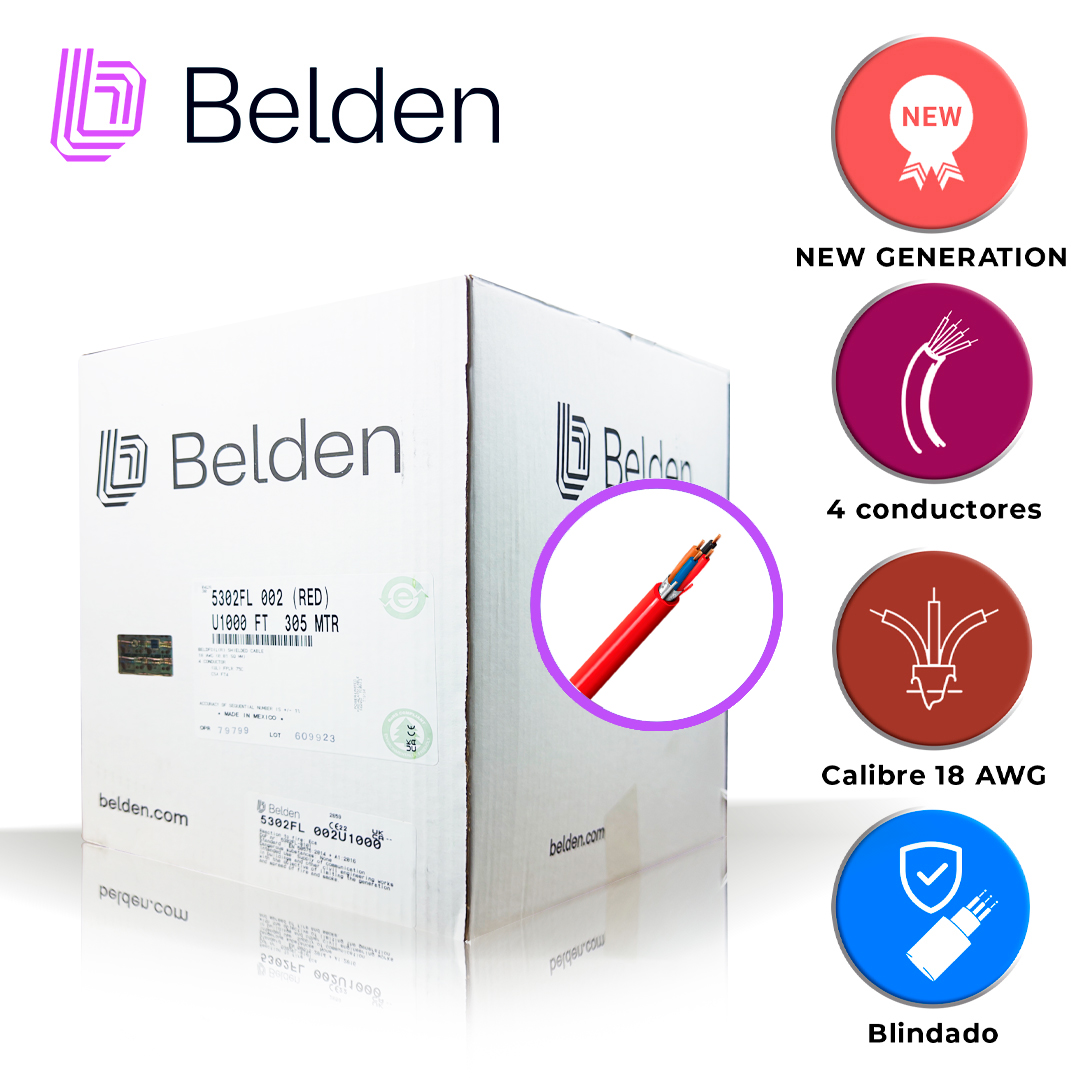 CABLE DE ALARMA CONTRA INCENDIOS BELDEN 5302FL 002U1000 / INTERIOR / ROJO / 4 CONDUCTORES / 18 AWG / SOLIDO /FORRO PVC / CMR - FPLR / BLINDADO / EN CAJA / 1,000 PIES 305 METROS