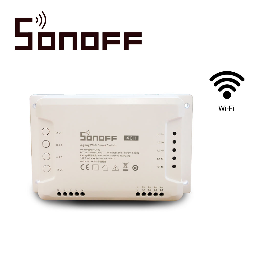 INTERRUPTOR ON/OFF SONOFF 4CH R3 SMART INALAMBRICO WIFI PARA SOLUCION DE SMART HOME CON TEMPORIZADOR Y MONTAJE DIN RAIL PARA IOS Y ANDROID COMPATIBLE CON ALEXA/GOOGLE HOME/NEST/IFTTT 4CH WIFI 2.4GHZ HASTA 10AMP POR CANAL, 16AMP TOTALES