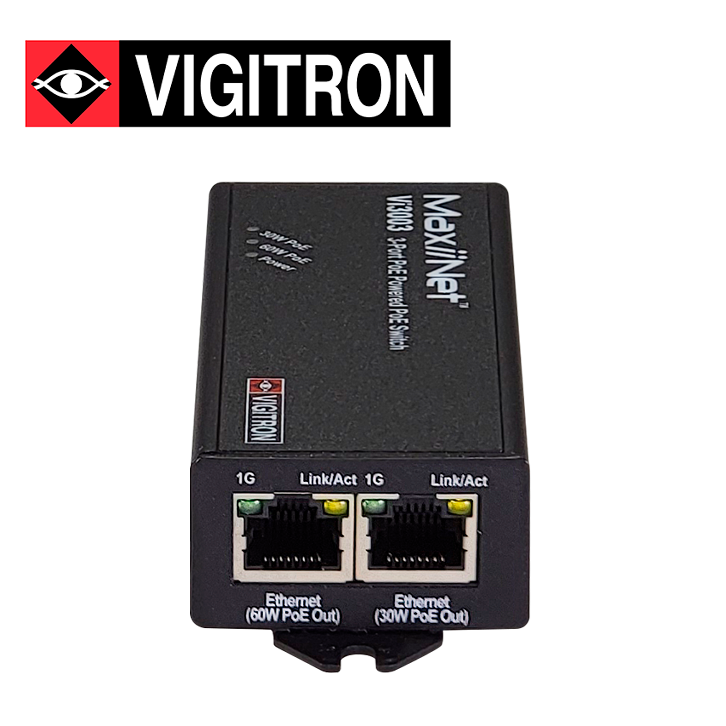 SWITCH POE VIGITRON VI3003 / 3 PUERTOS 10M/100M/1000M / HASTA 74W / VLAN 4.096 / JUMBO FRAME HASTA 10000BYTES / ALIMENTADO POR POE 60W / 57VCD / ENCASCADA HASTA 3 DISPOSITIVOS 909METROS - Código: VI3003 | Compra en Guadalajara