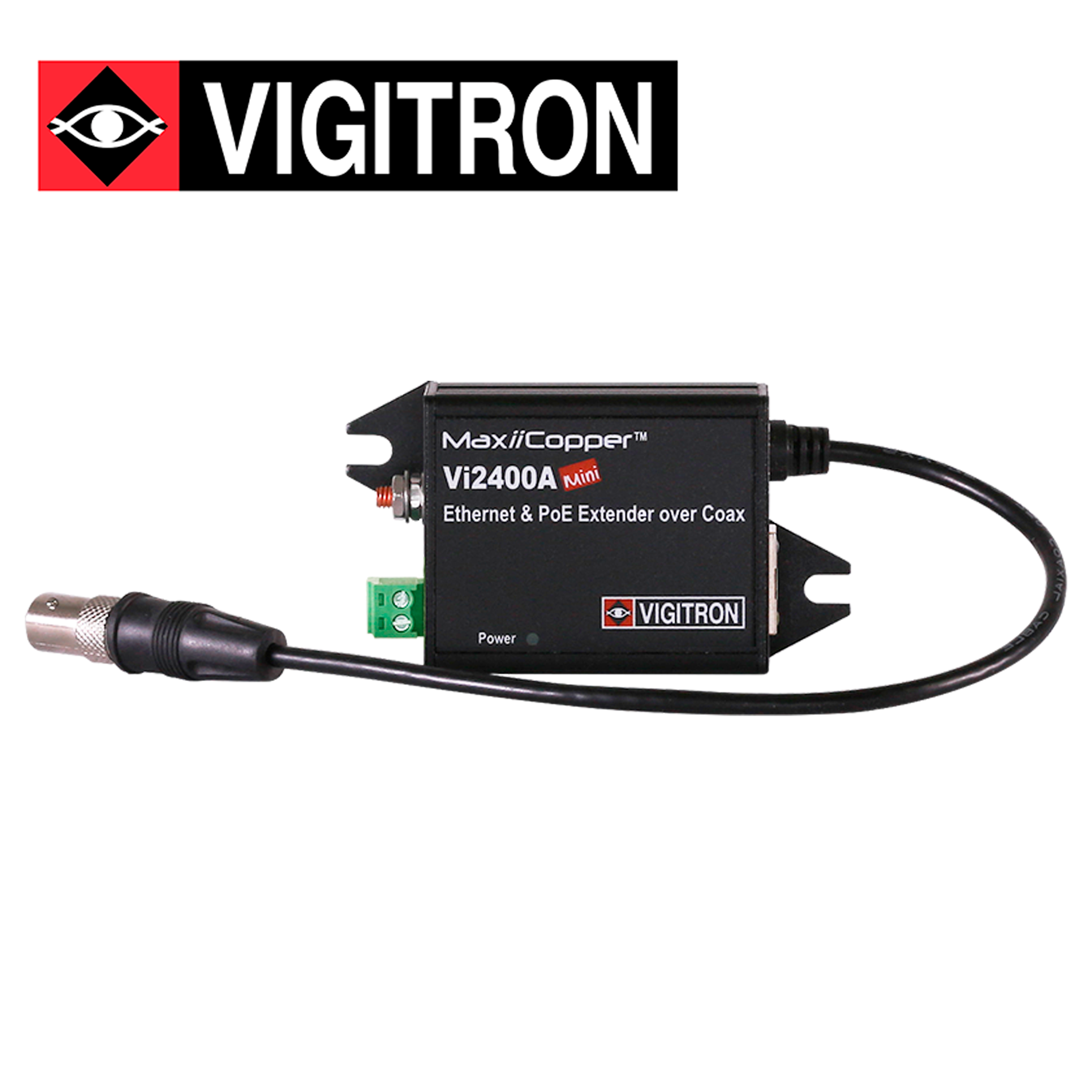EXTENSOR POE VIGITRON ULTRACOMPACTO VI2400A POR COAXIAL / DISTANCIA HASTA 1515 METROS / COMPATIBLE CON POE AF/AT / REQUIERE FUENTE ALIMENTACION EXTERNA 12V CC / 1.8 W POE / 1.5 W CON FUENTE EXTERNA - Código: VI2400A | Compra en Guadalajara